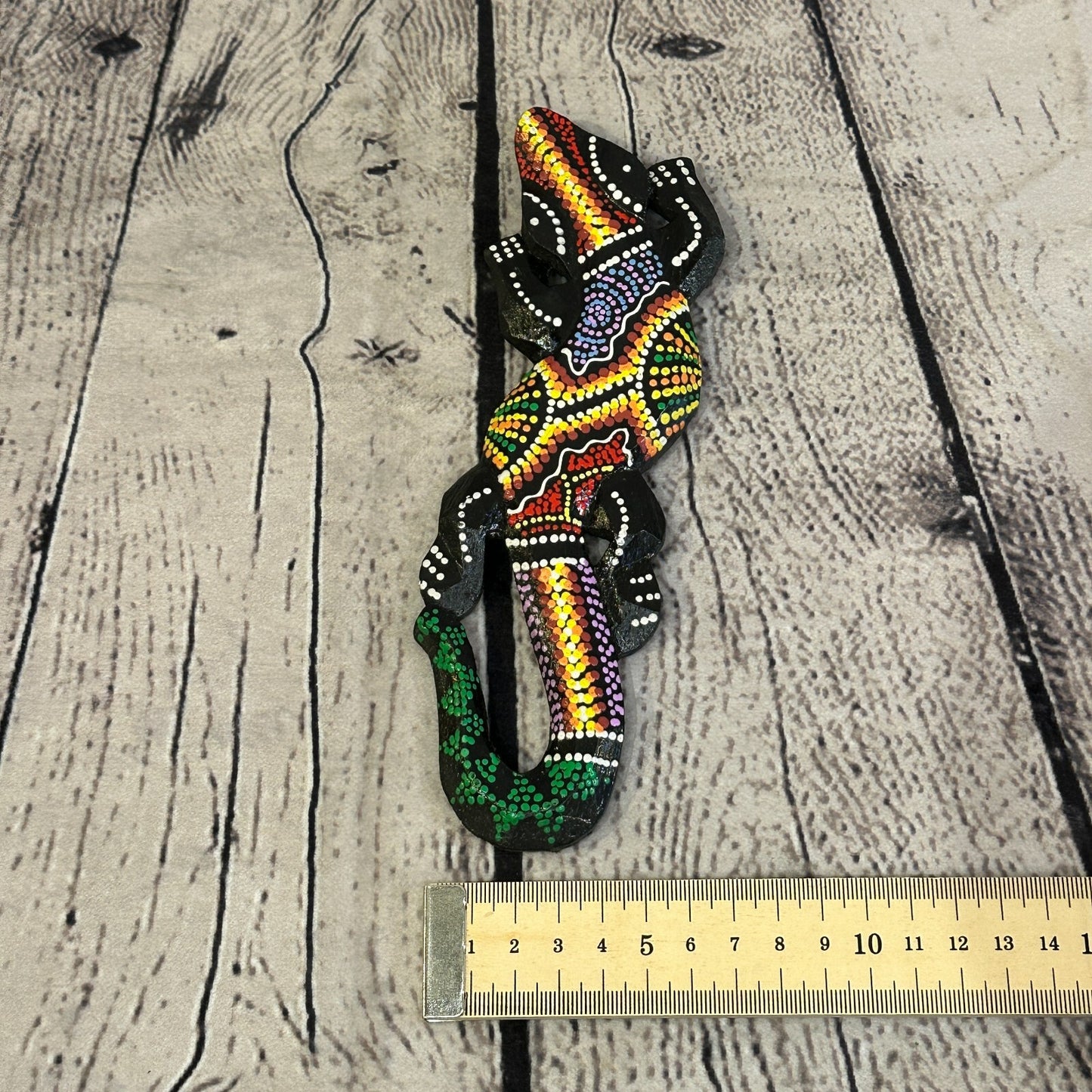 20cm Gecko Carved Wooden Dot Painted Ethnic Tribal Tiki Wall Handmade No 7