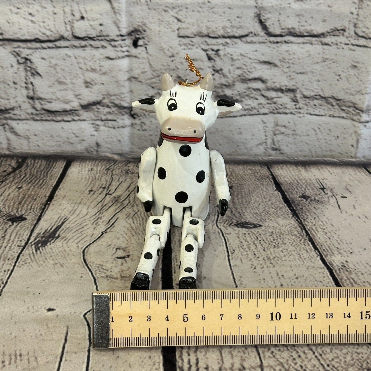 10cm Spotty Cow Sitting Animal, Wooden Shelf Ornament Handmade and Fairtrade