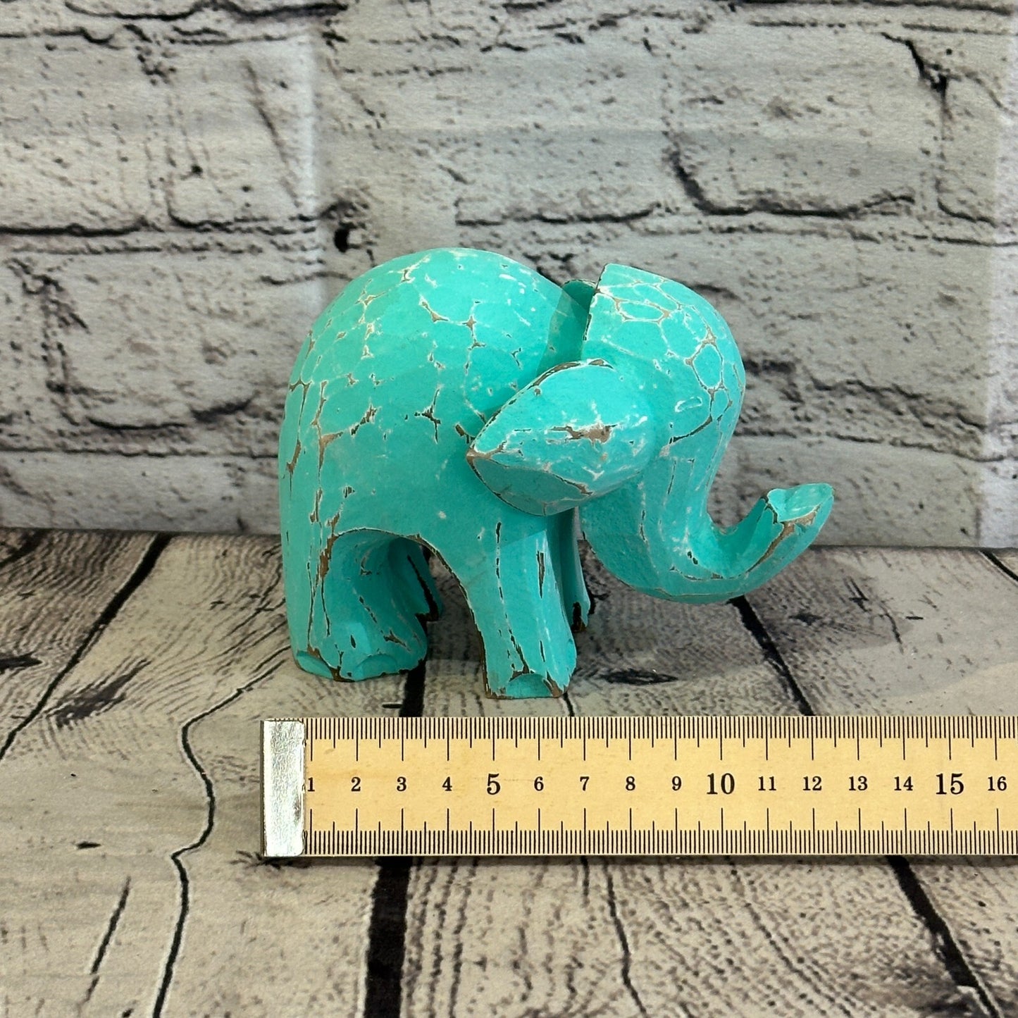 Green Wooden Elephant With Shabby Pattern 10cm x 10cm Handmade and Fairtrade