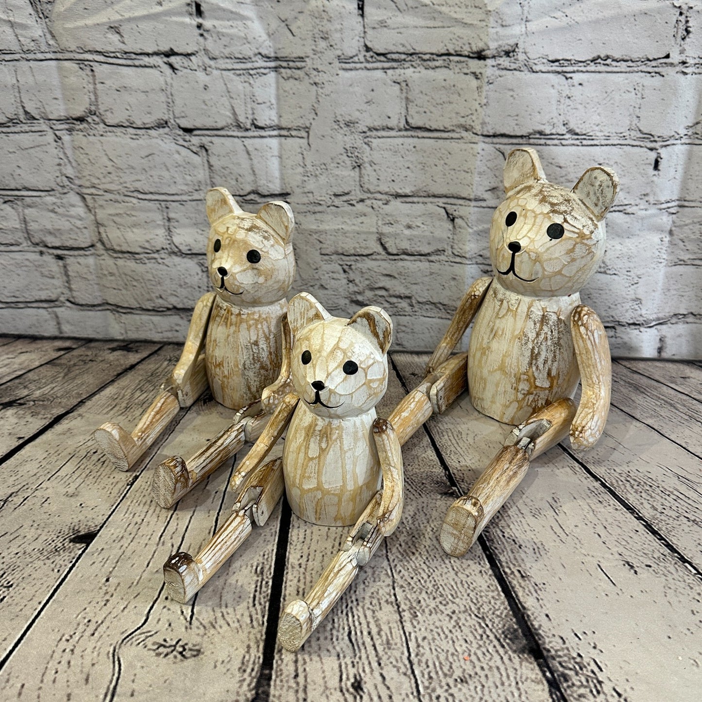 22cm Shabby White Teddy Sitting Animal Wooden Shelf Ornament Handmade Fairtrade