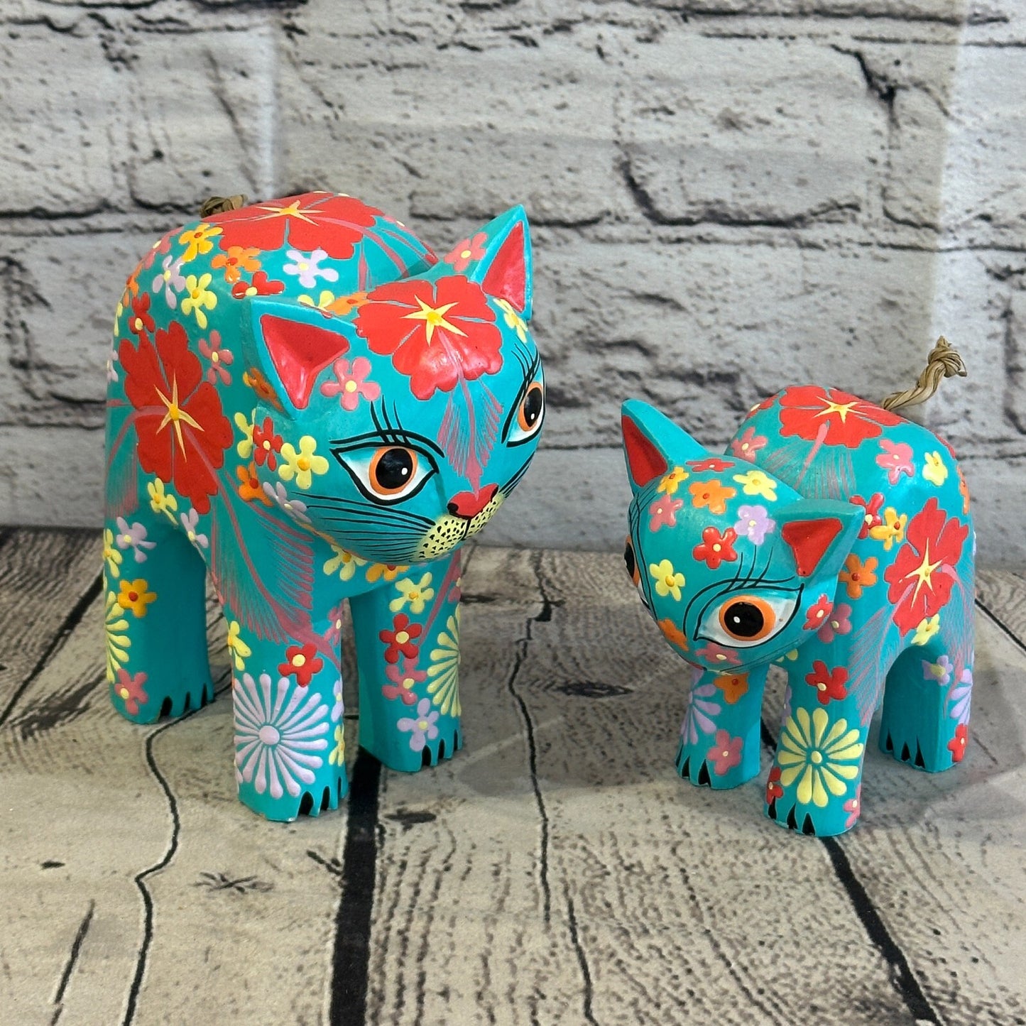 Blue Small Wooden Cat With Flower Pattern 10cm x 8cm Handmade and Fairtrade