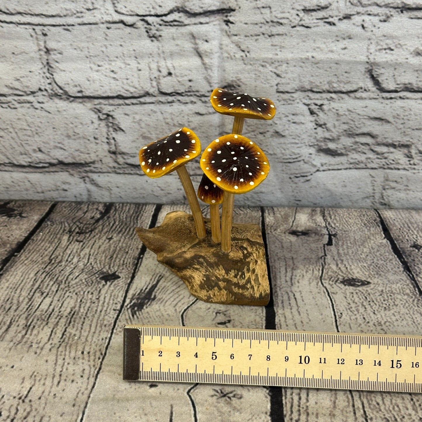 Brown Yellow Painted Mushroom Parasite Ornament Natural Carving Fairtrade Wooden