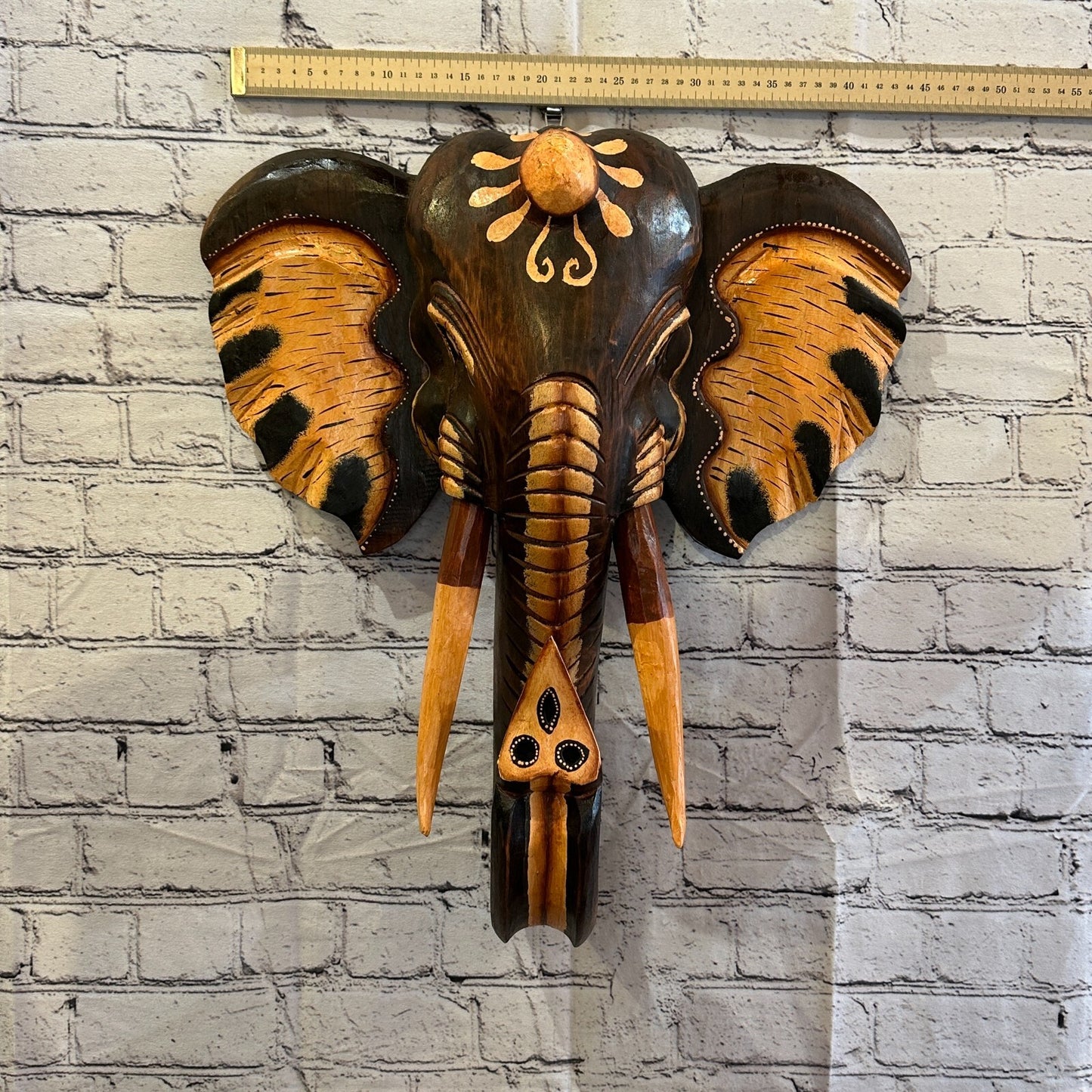 50cm x 45cm Brown Painted Wood Elephant Head Wall Mounted Art Large Shabby