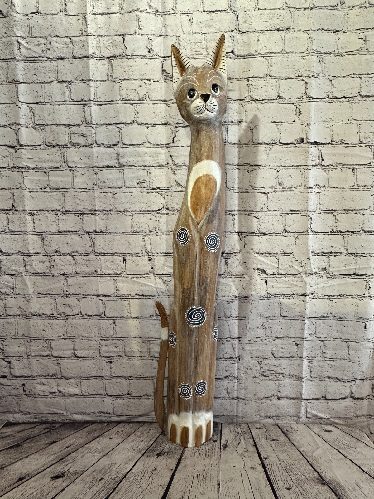 100cm Light Brown Flower Wooden Shabby Cat Statue Ornament Fair Trade Handcarved
