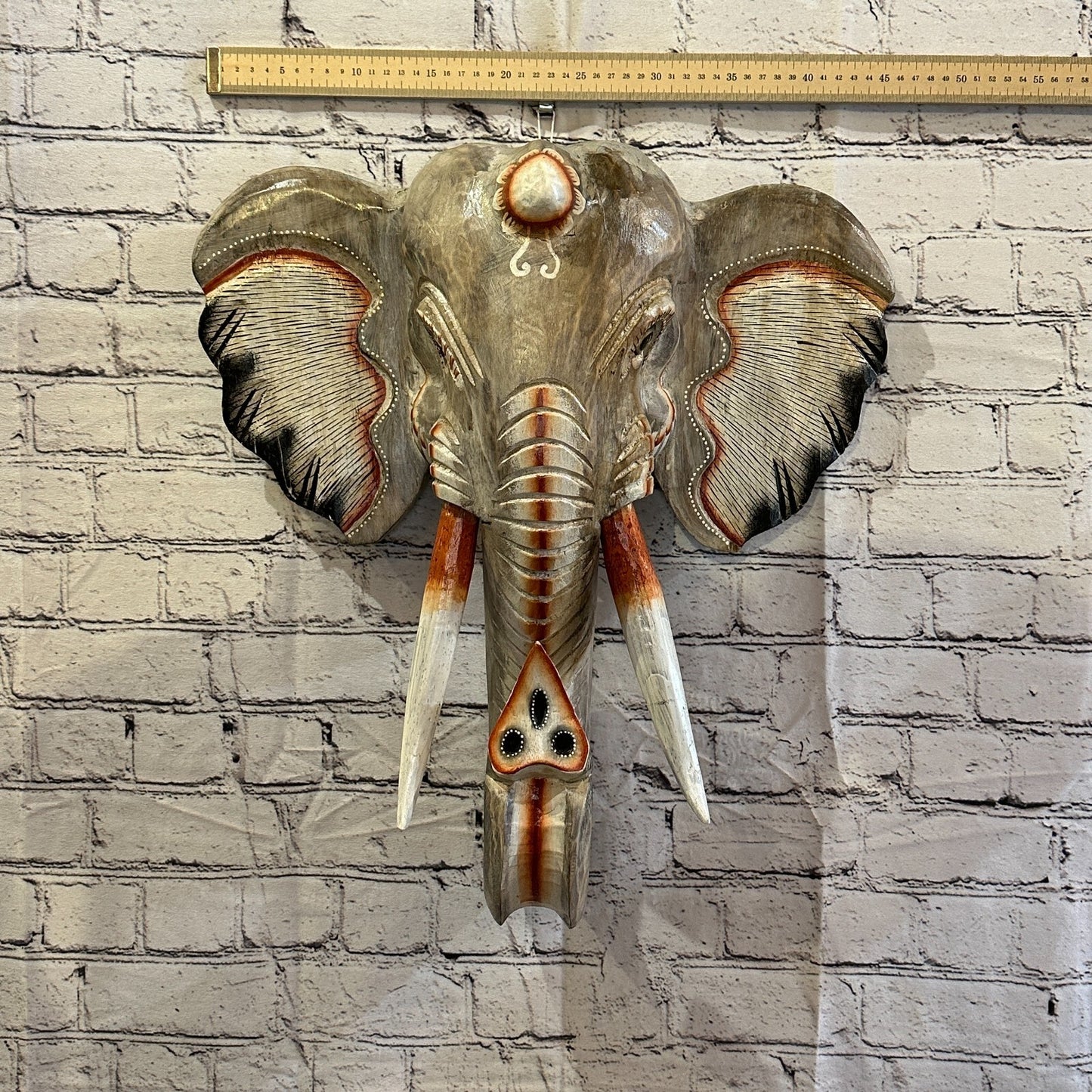50cm x 45cm Grey Painted Wood Elephant Head Wall Mounted Art Large Shabby