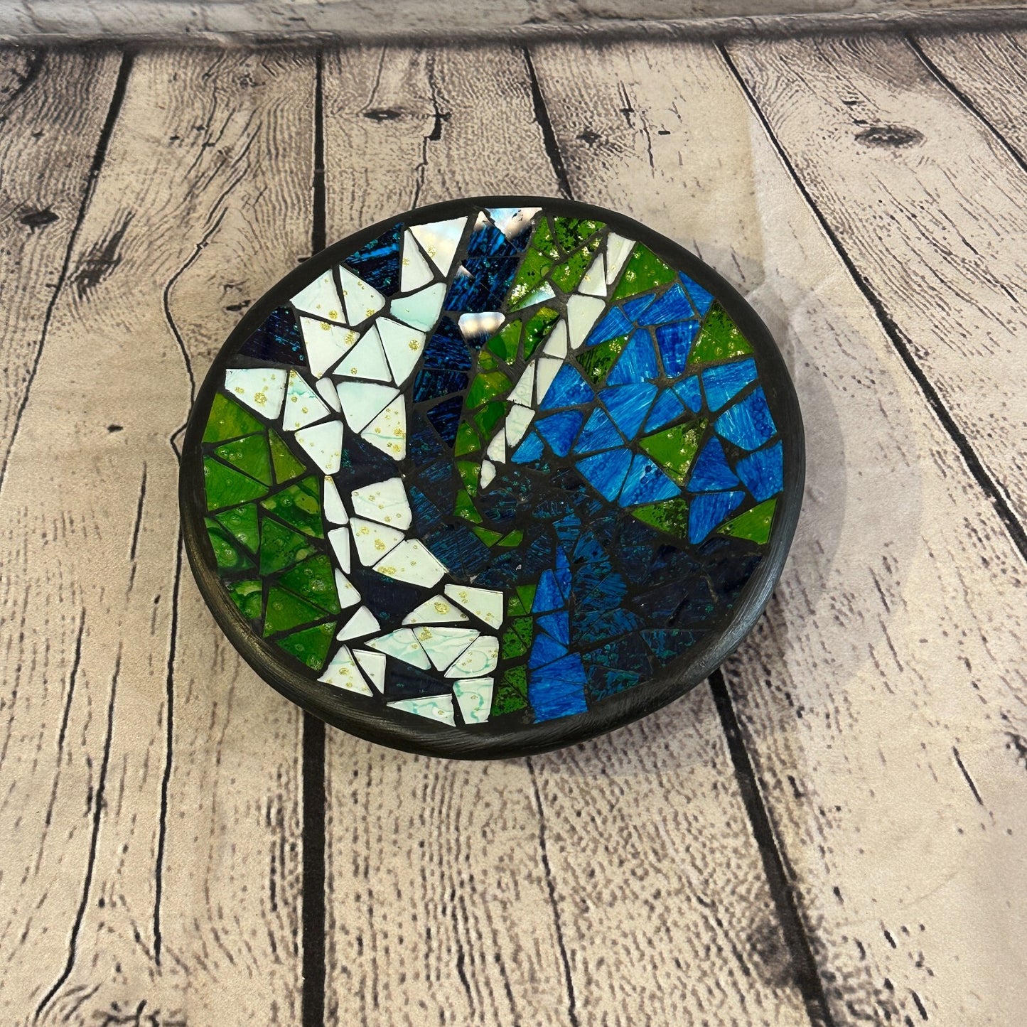 20cm Green Blue Swirl Round Mosaic Handmade Ceramic Glass Tile Bowl Fruit