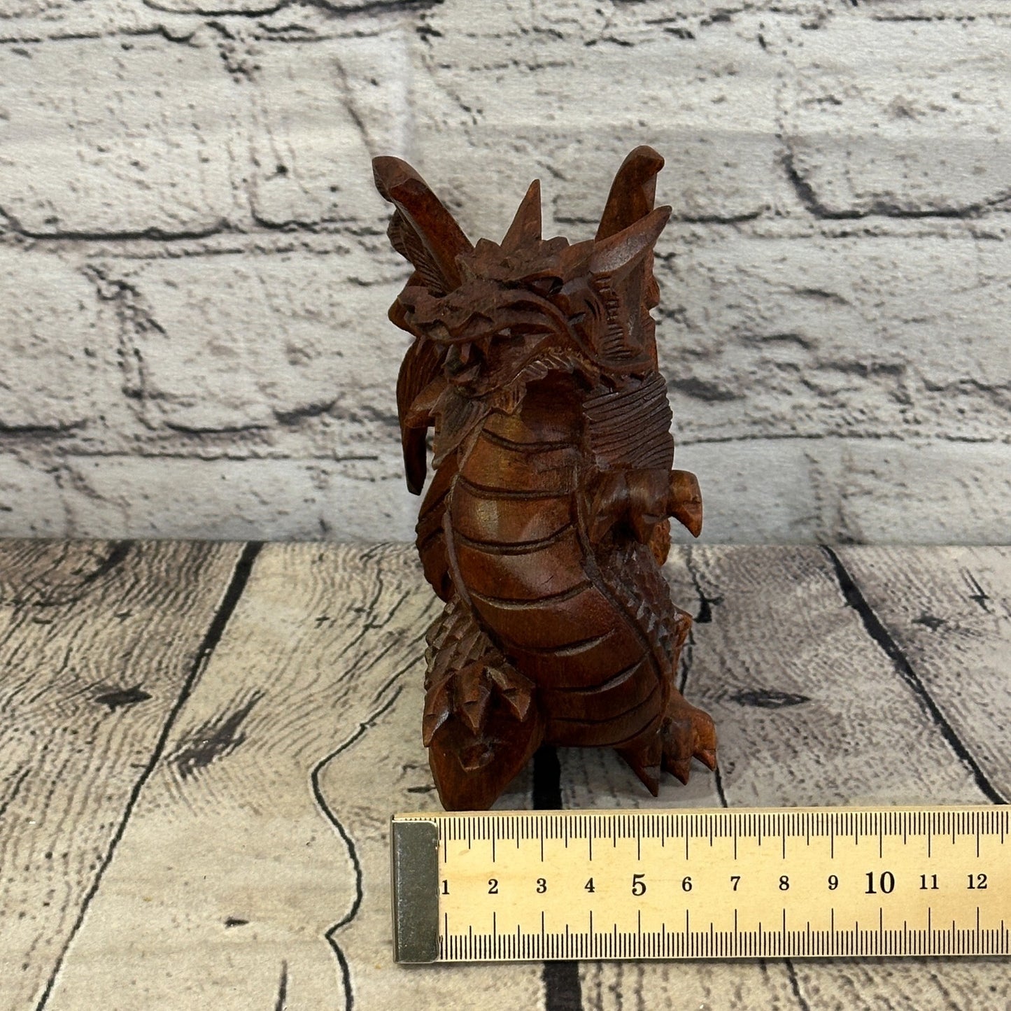 12cm x 10cm Dark Wooden Standing Dragon Carving Hand Carved Wing Back Dragon