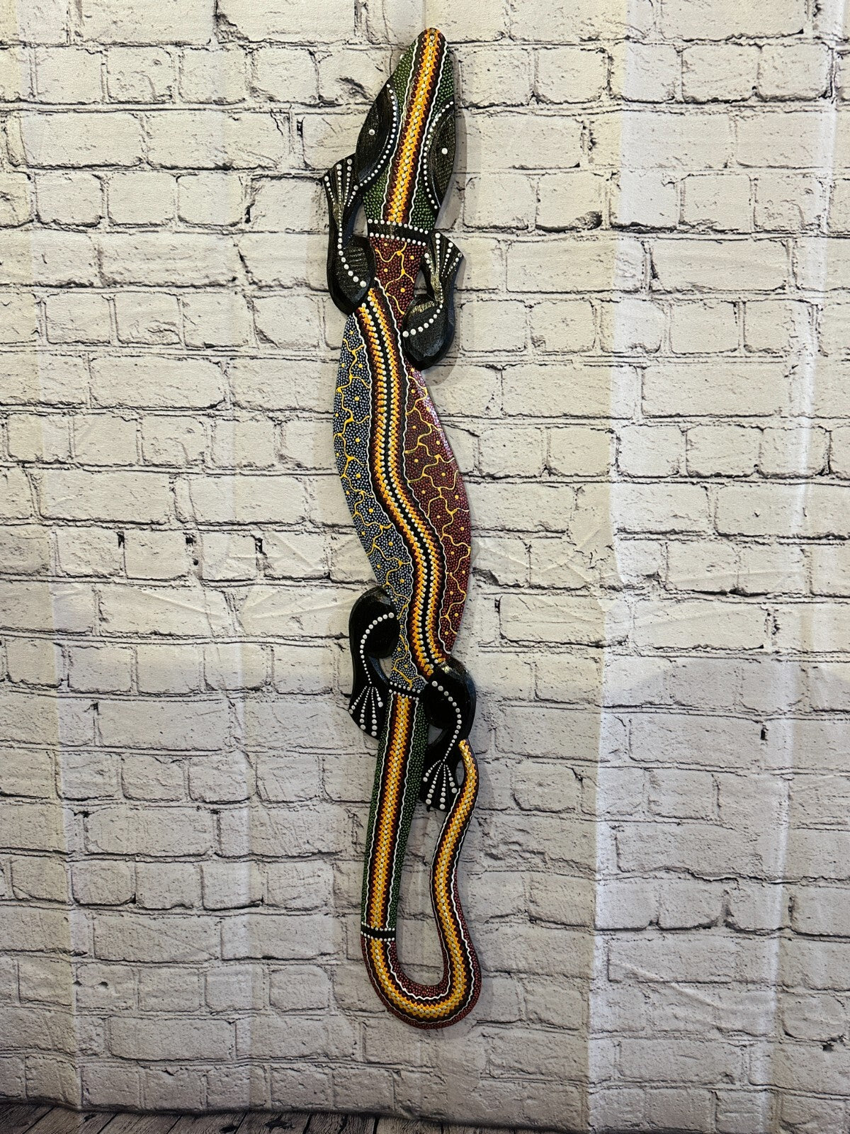 100cm Gecko Carved Wooden Dot Painted Ethnic Tribal Tiki Wall Handmade No 3