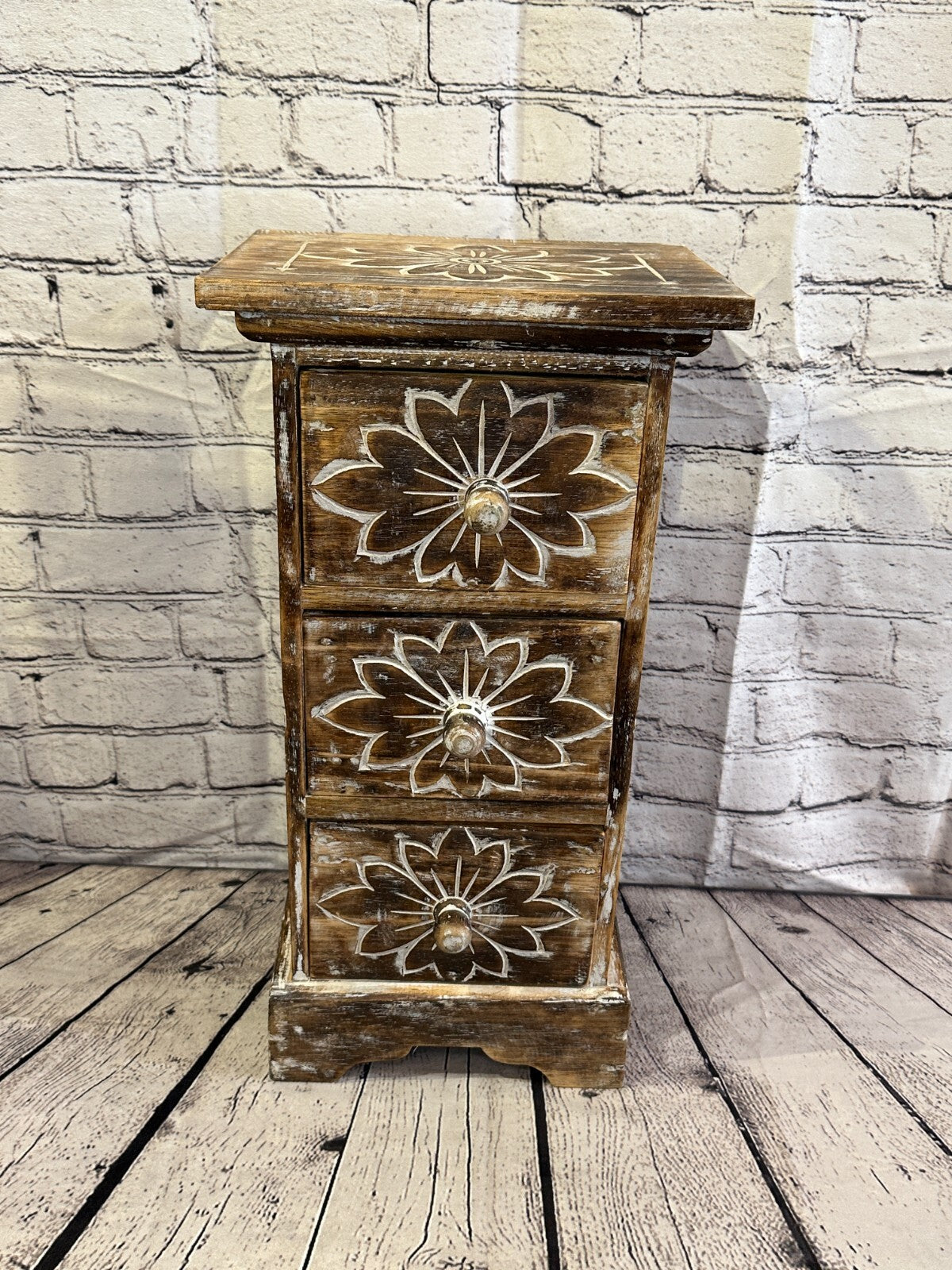 60cm x 25cm Brown 3 Draw Wooden Side Cabinet Living Hallway Storage Furniture