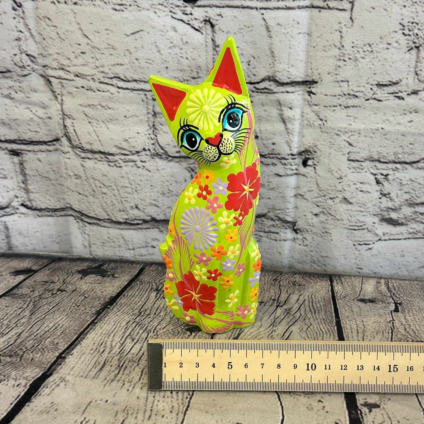 Green Flat Back Wooden Cat With Flower Pattern 20cm x 8cm Handmade and Fairtrade