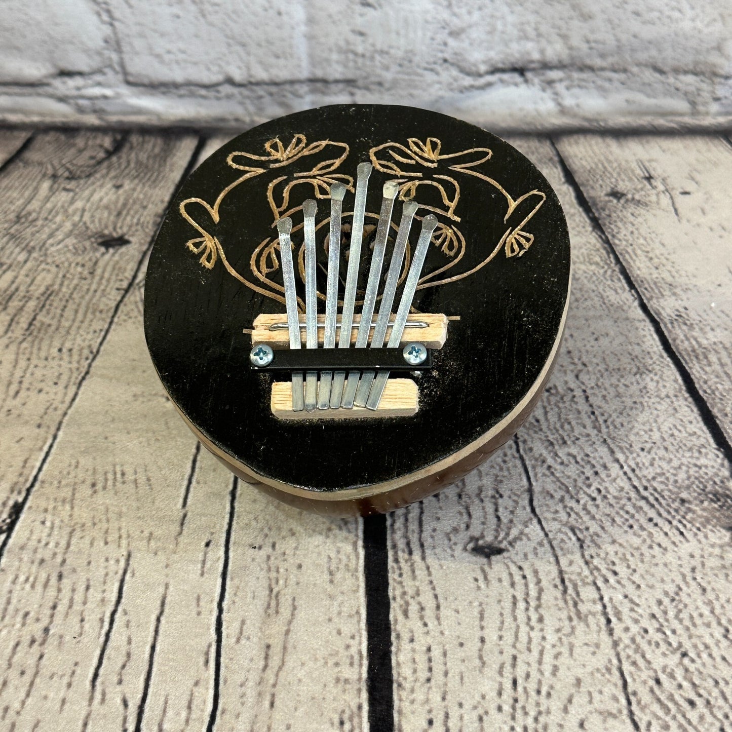 7 Key Karimba Kalimba Thumb Piano Carved Dark Coconut Handmade Fairtrade