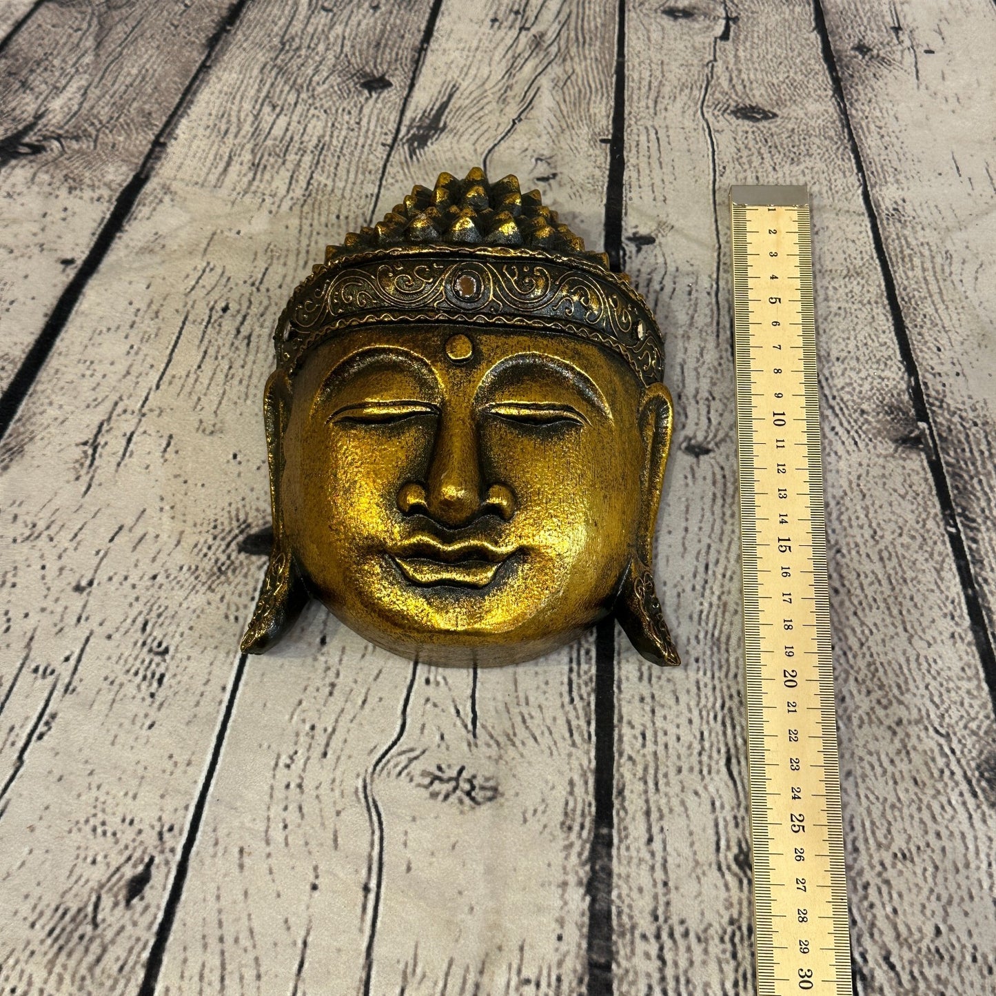 20cm Gold Buddha Head Mask Wooden Hanging Statue Figurine Ornament Fair Trade