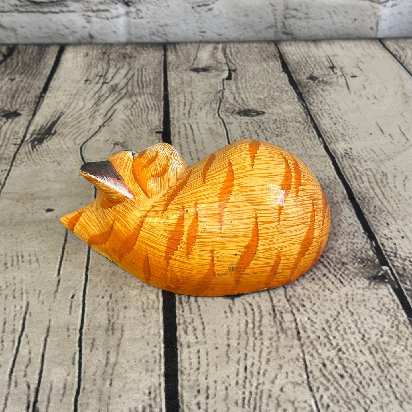 14cm Orange Style Painted Wooden Hand Carved Snoozing Cat Sleeping Cat Wooden
