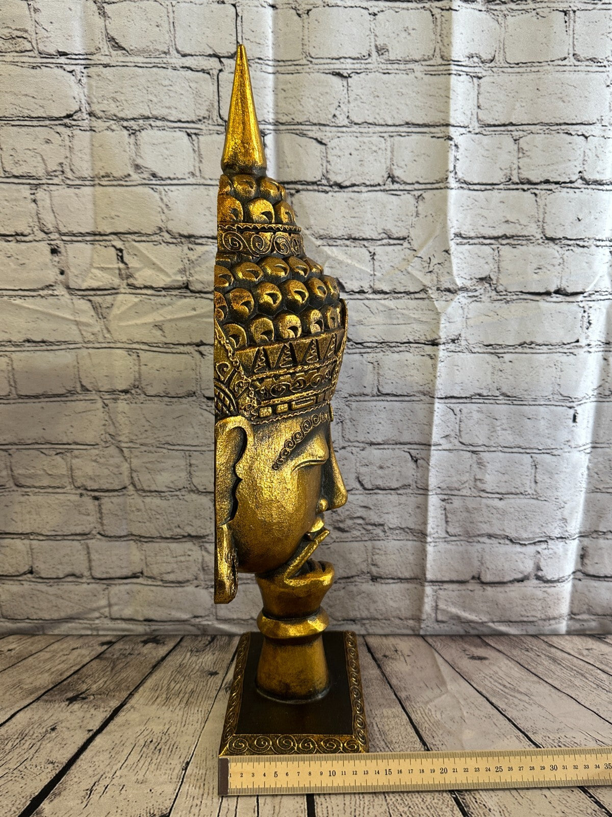 65cm Gold Buddha Head Wooden Standing Statue Figurine Ornament Fair Trade