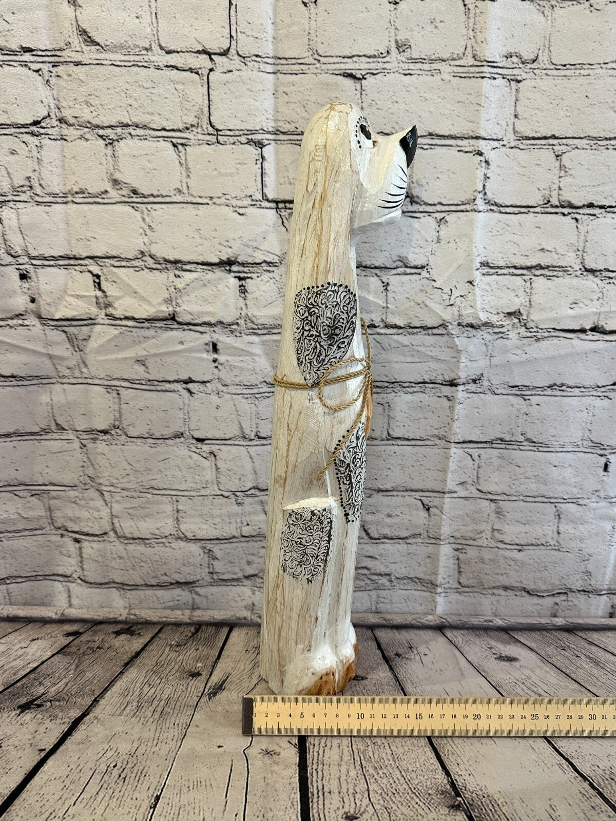 50cm White Flower Wooden Shabby Dog Statue Ornament Fair Trade Handcarved