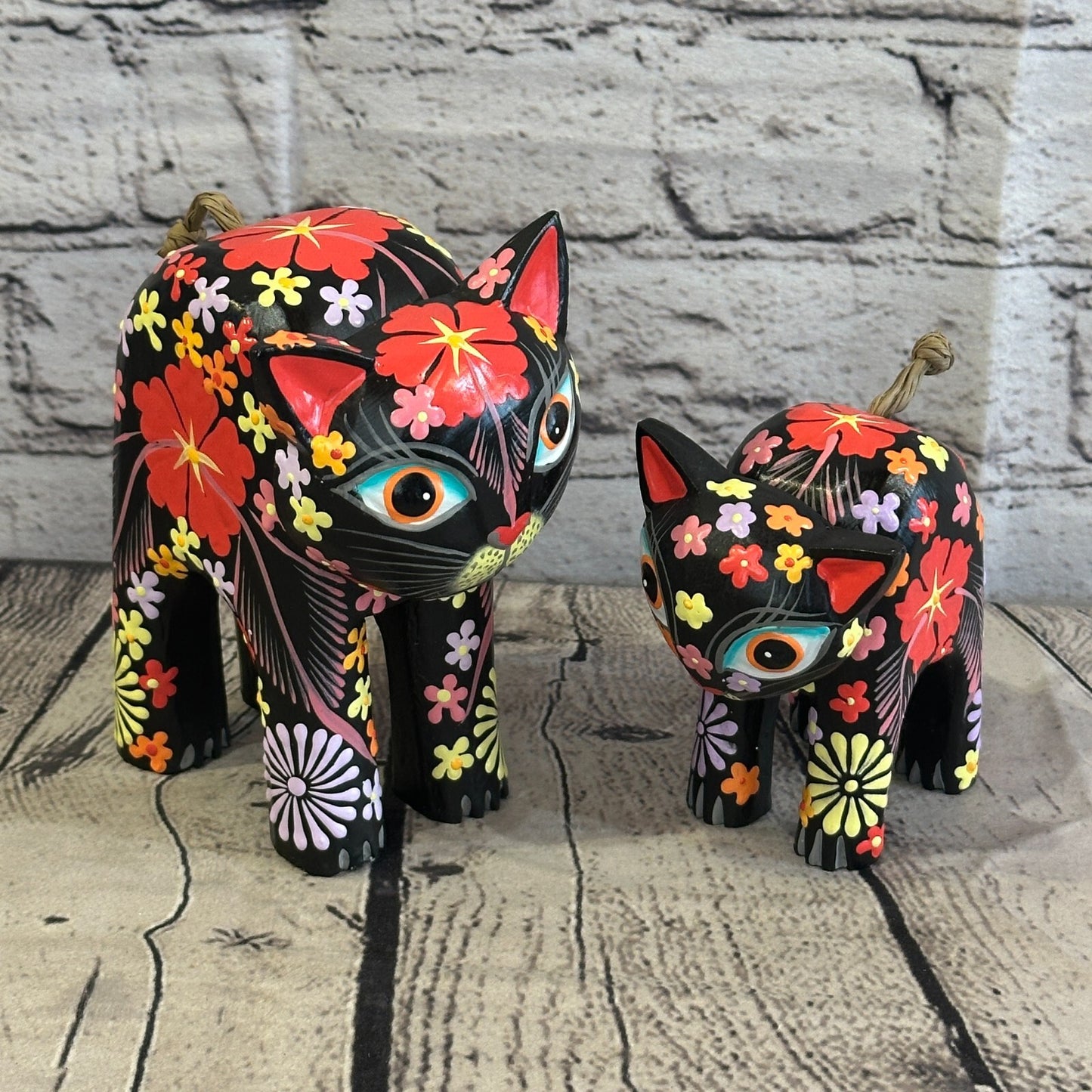 Black Large Wooden Cat With Flower Pattern 15cm x 10cm Handmade and Fairtrade