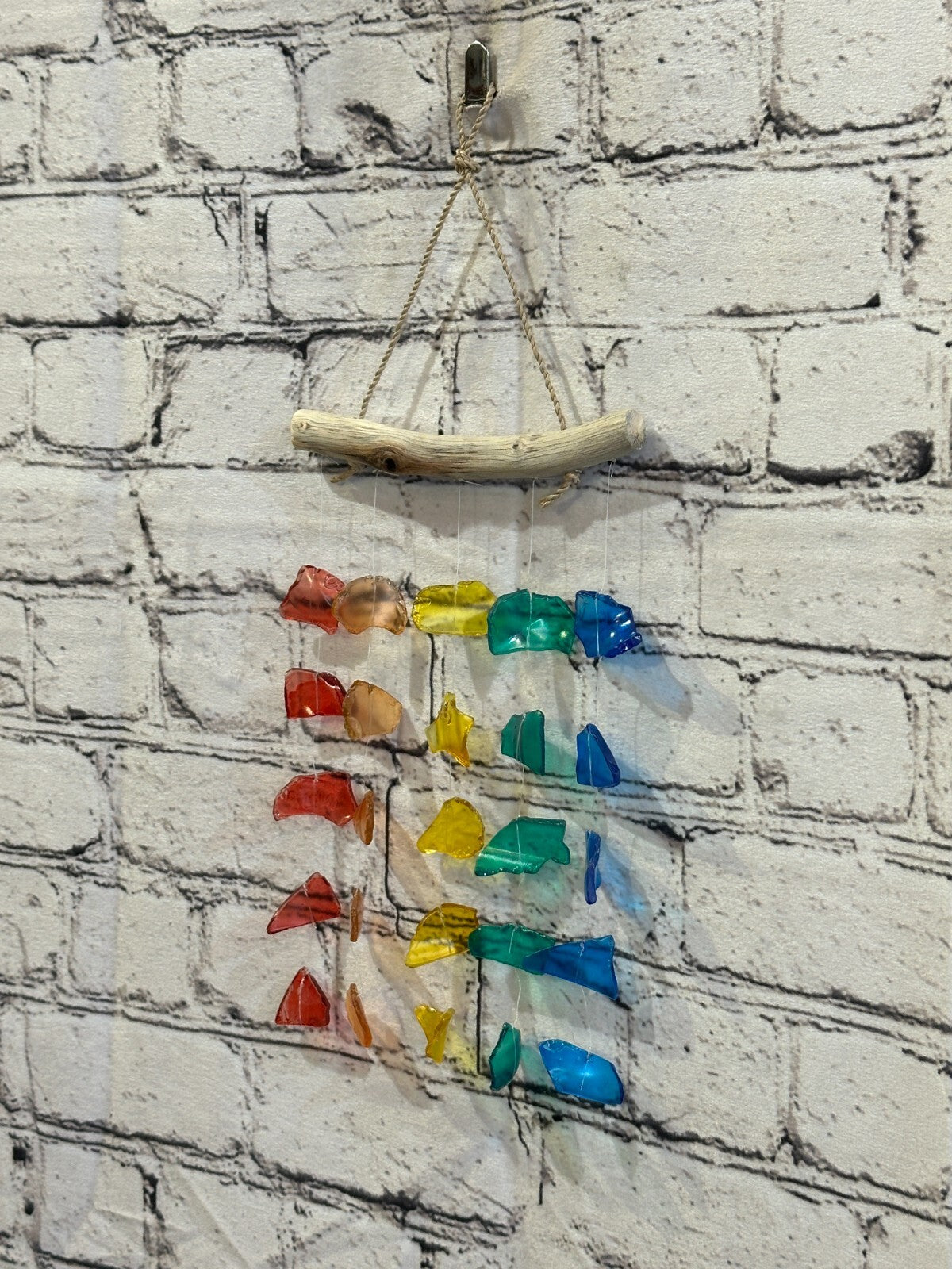 25cm x 15cm Rainbow Wind Recycled Glass Driftwood Handmade Garden Home Mobile