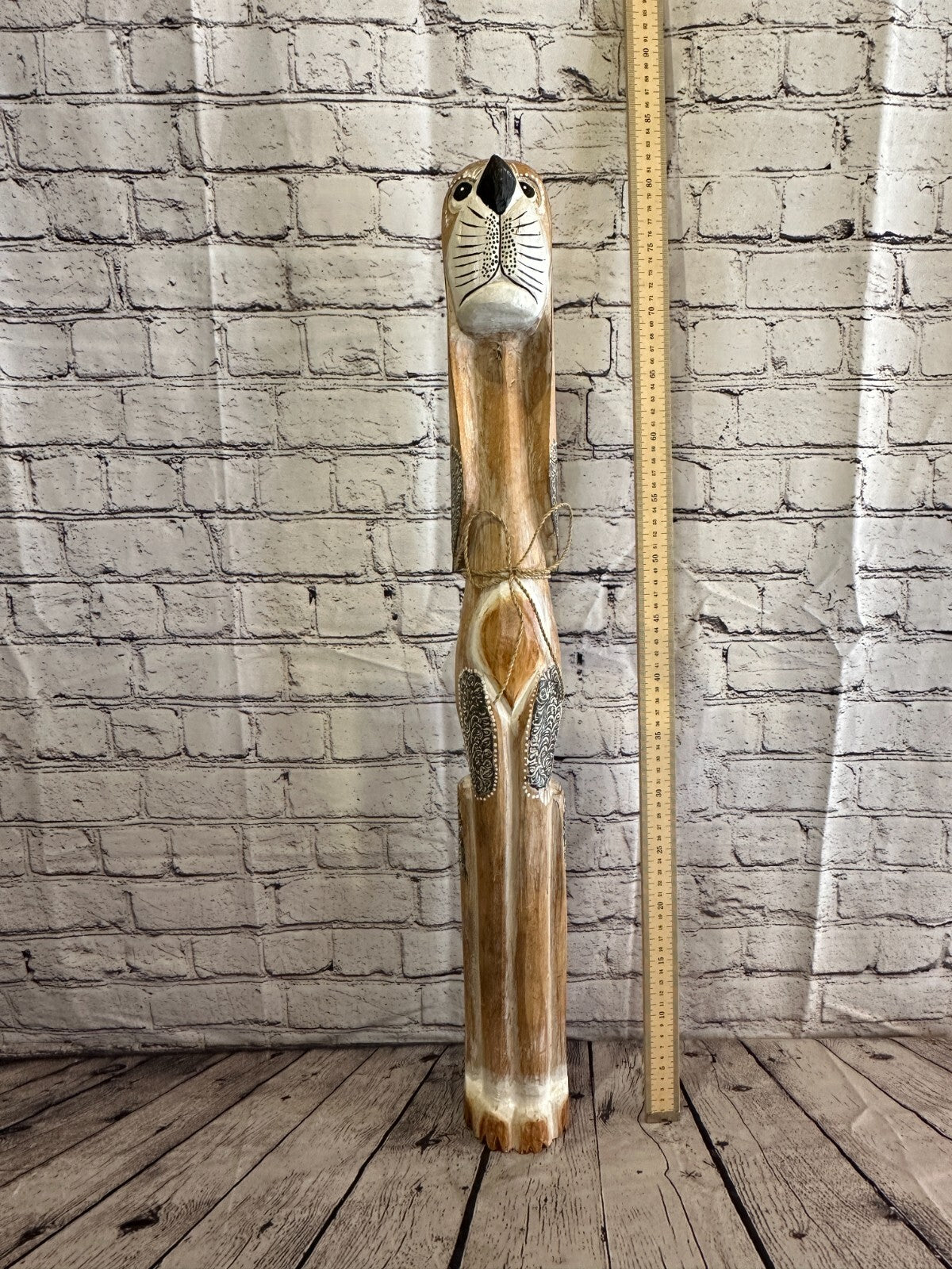 80cm Light Brown Flower Wooden Shabby Dog Statue Ornament Fair Trade Handcarved