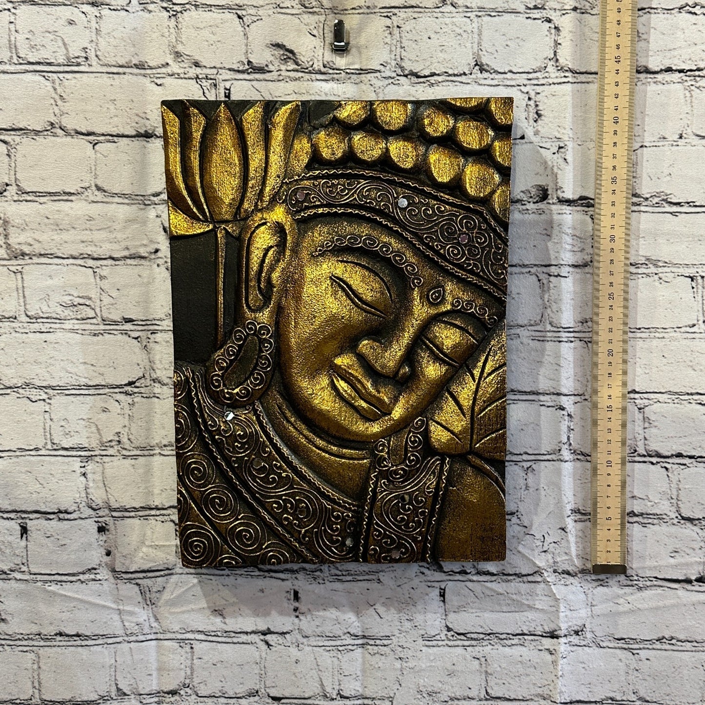 Wooden Wood Panel 40cm Brown Gold Buddha Tall Lotus Wall Art Plaque Handcarved