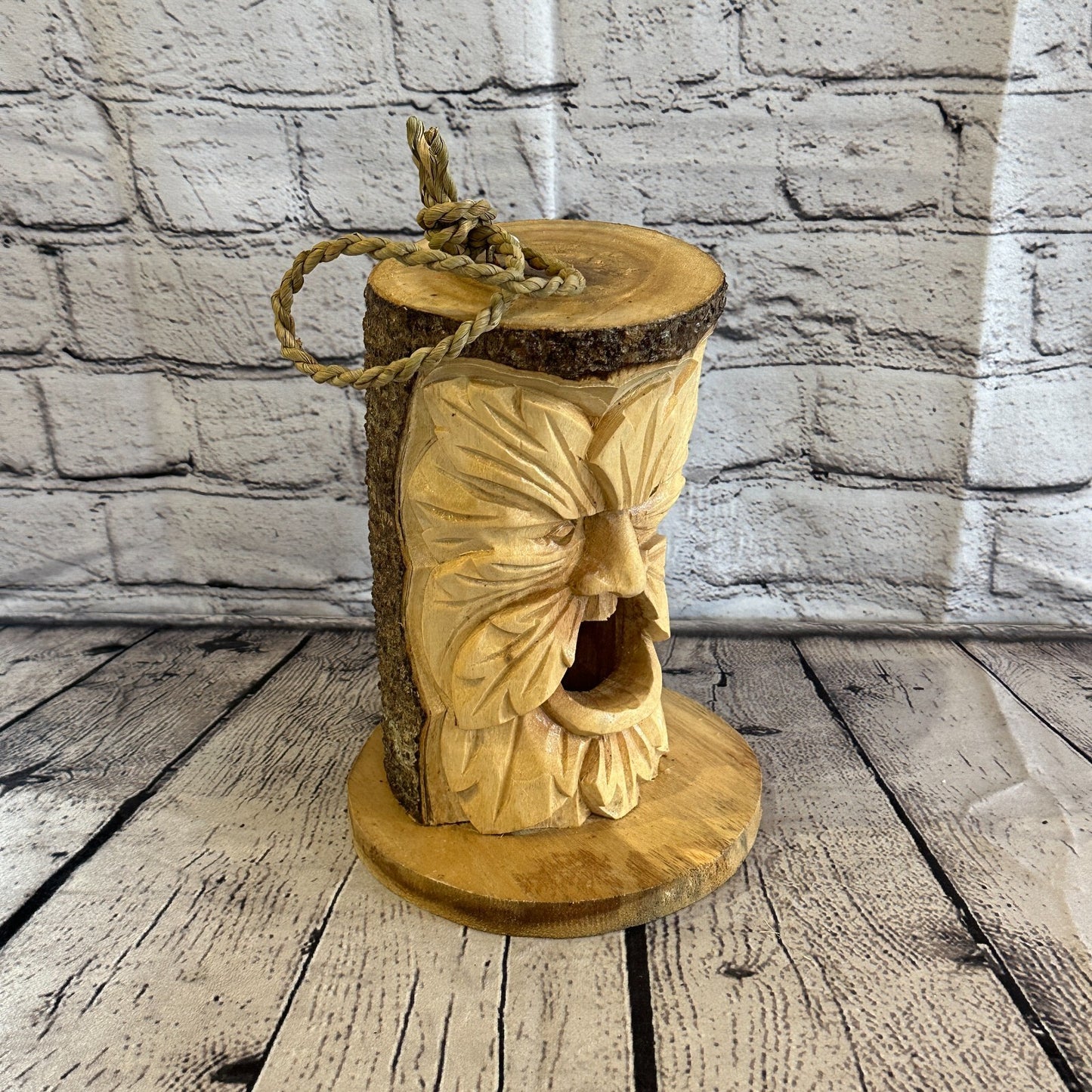 Bird House Green Man Of The Woods 25cm Hand Carved Tree Trunk Wood Fairtrade
