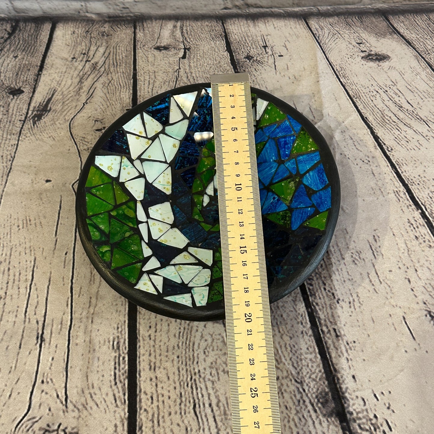 20cm Green Blue Swirl Round Mosaic Handmade Ceramic Glass Tile Bowl Fruit