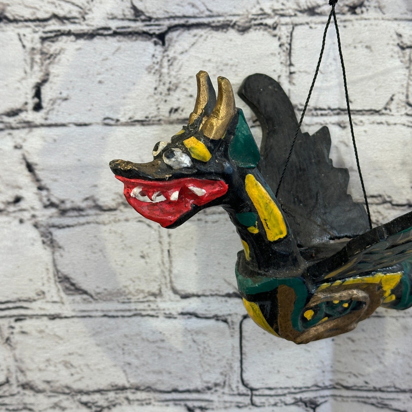 Small Black Dragon Folk Art Wood Flying Winged Mobile Spirit Chaser Guardian