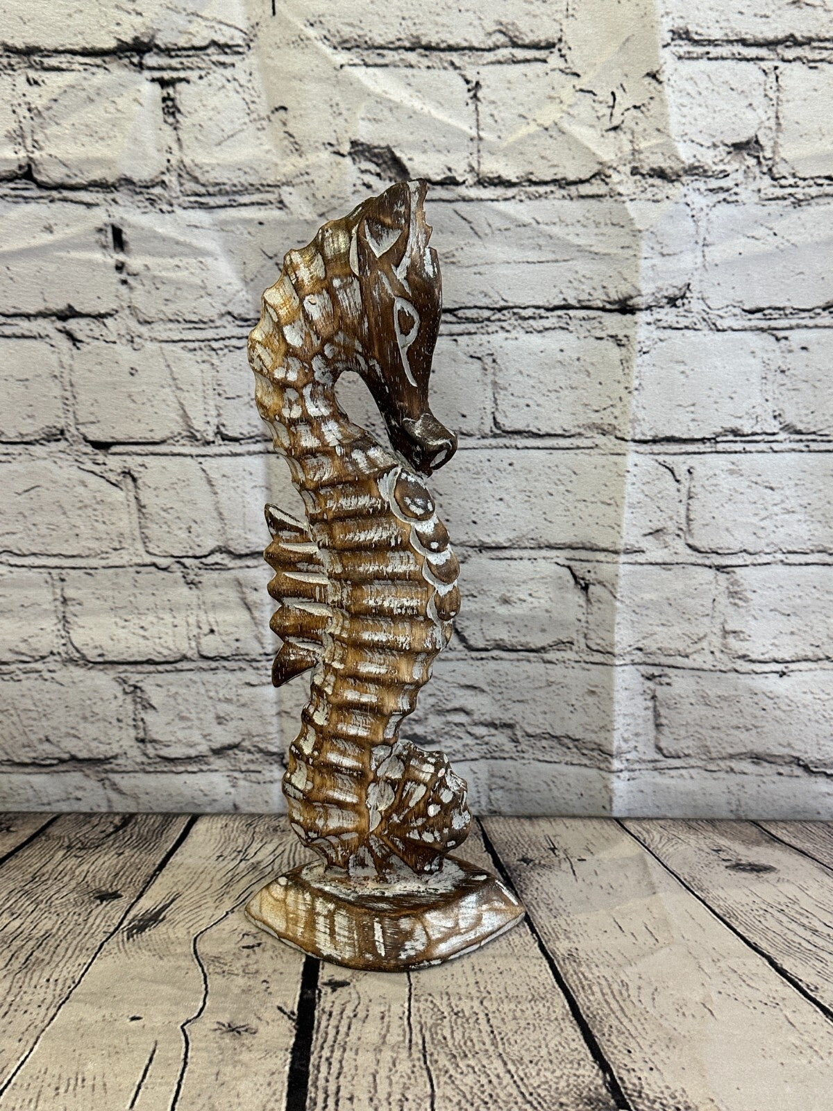 30cm Brown Plain Wooden Shabby Seahorse Statue Ornament Fair Trade Handcarved