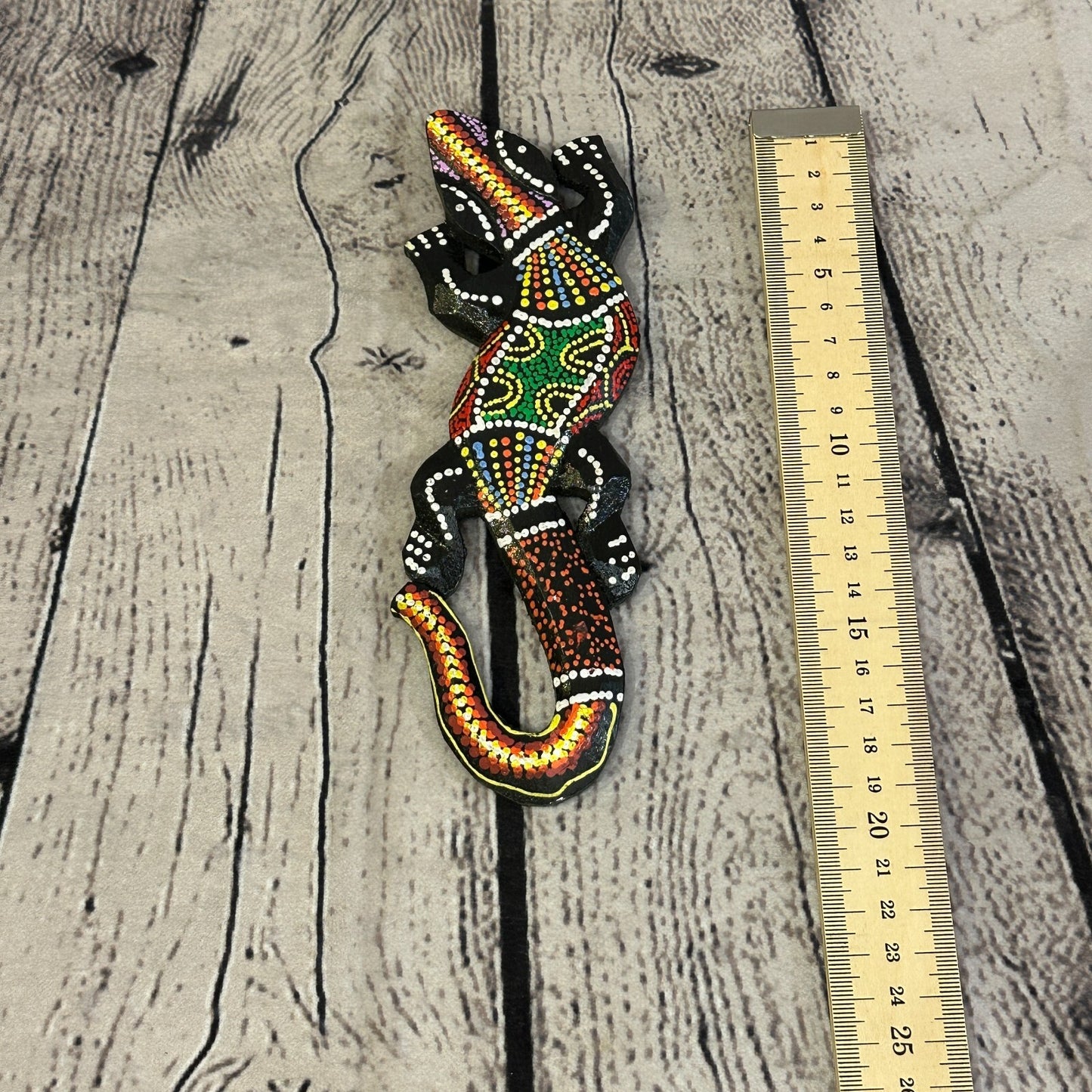 20cm Gecko Carved Wooden Dot Painted Ethnic Tribal Tiki Wall Handmade No 6