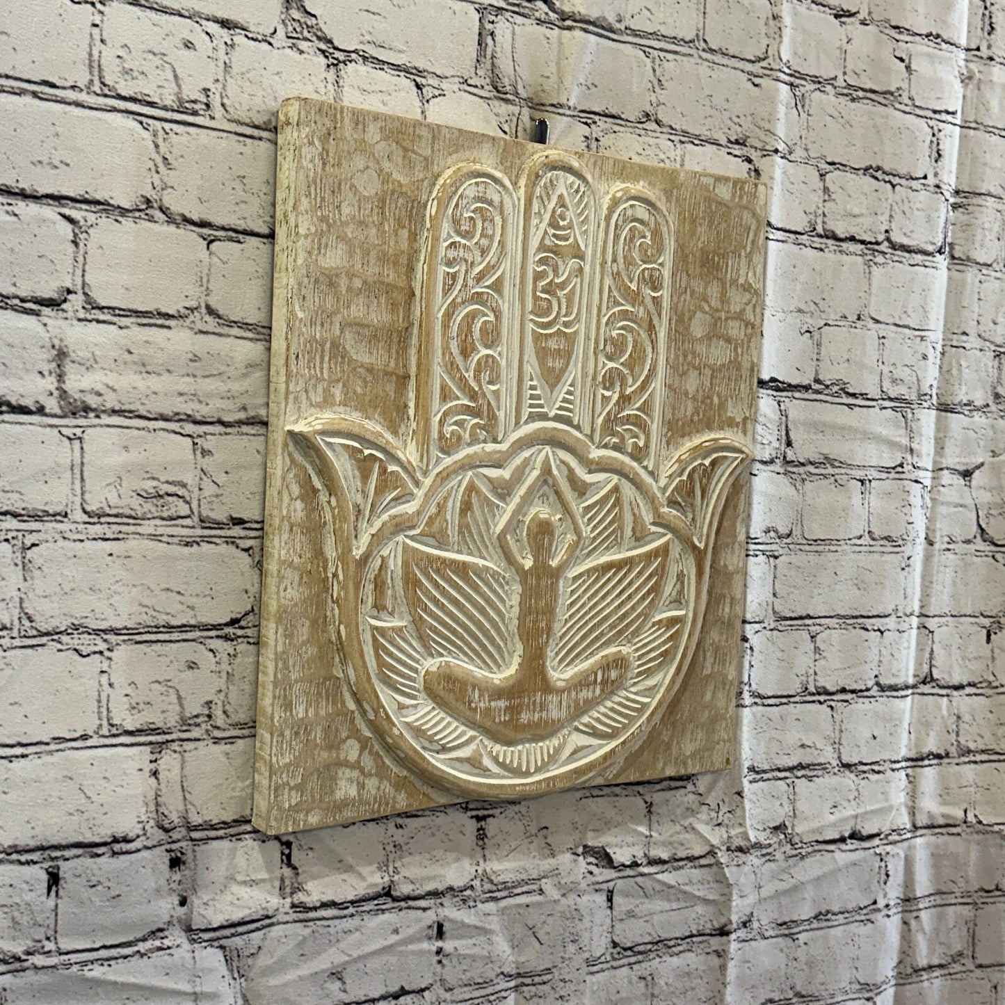 Hand Of Fatima Wooden Panel 40cm x 35cm Gold Cream Wall Art Plaque Handcarved
