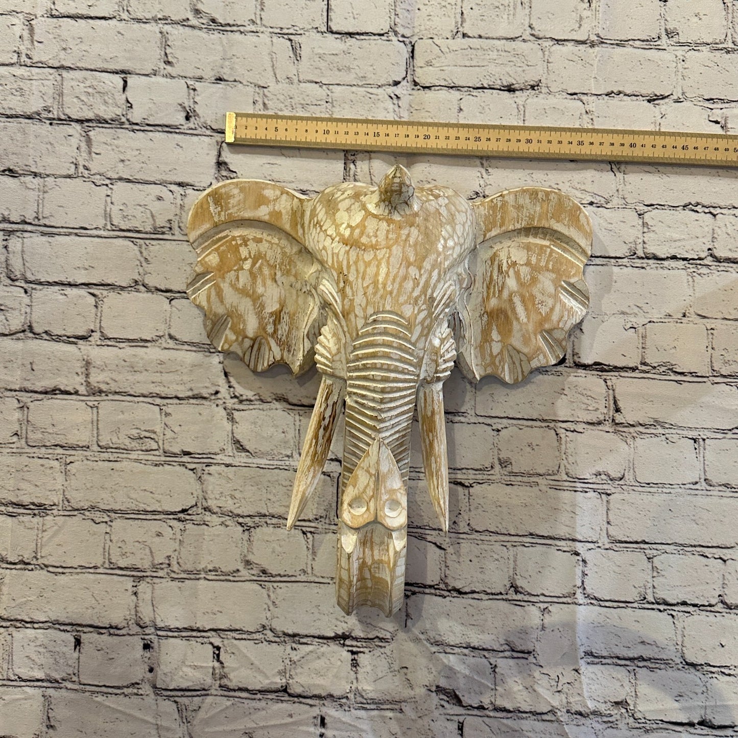 40cm x 35cm Cream White Carved Wood Elephant Head Wall Mounted Art Large Shabby