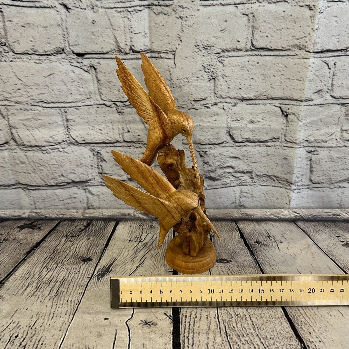25cm Double Humming Bird Mushroom Parasite Ornament Natural Carving Wooden