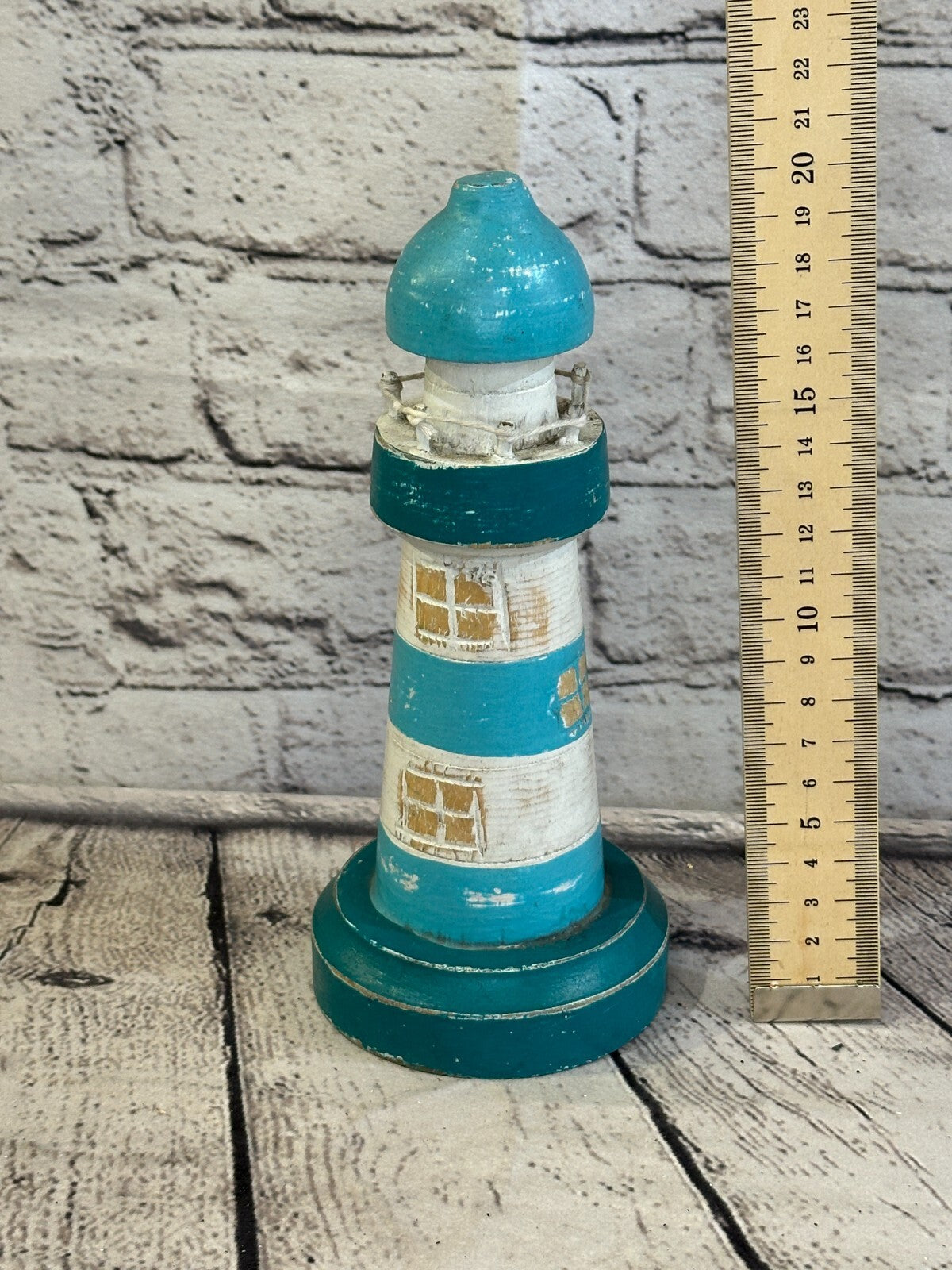 20cm Green White Wooden Lighthouse Ornament Nautical Coastal Sculpture Statue