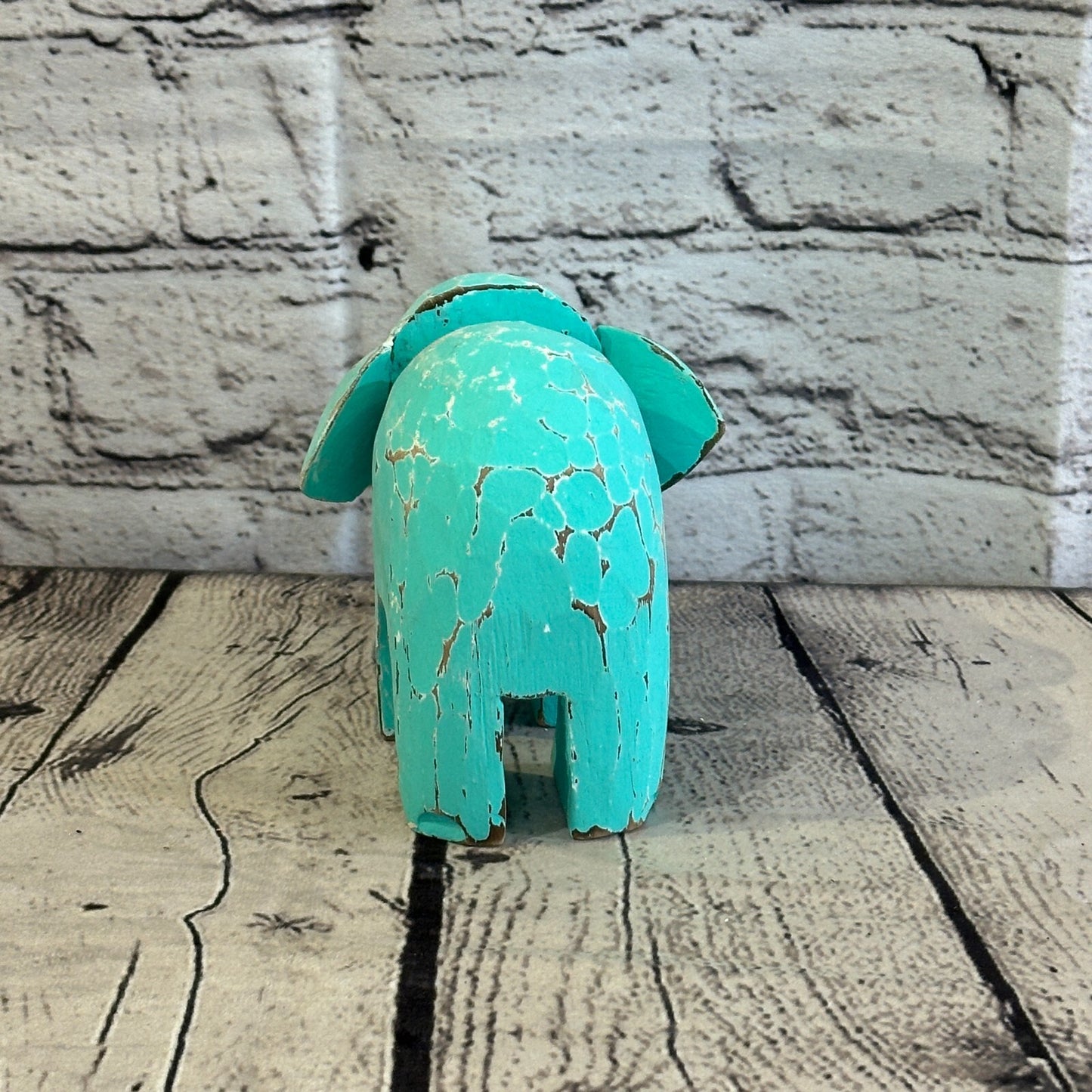 Green Wooden Elephant With Shabby Pattern 10cm x 10cm Handmade and Fairtrade