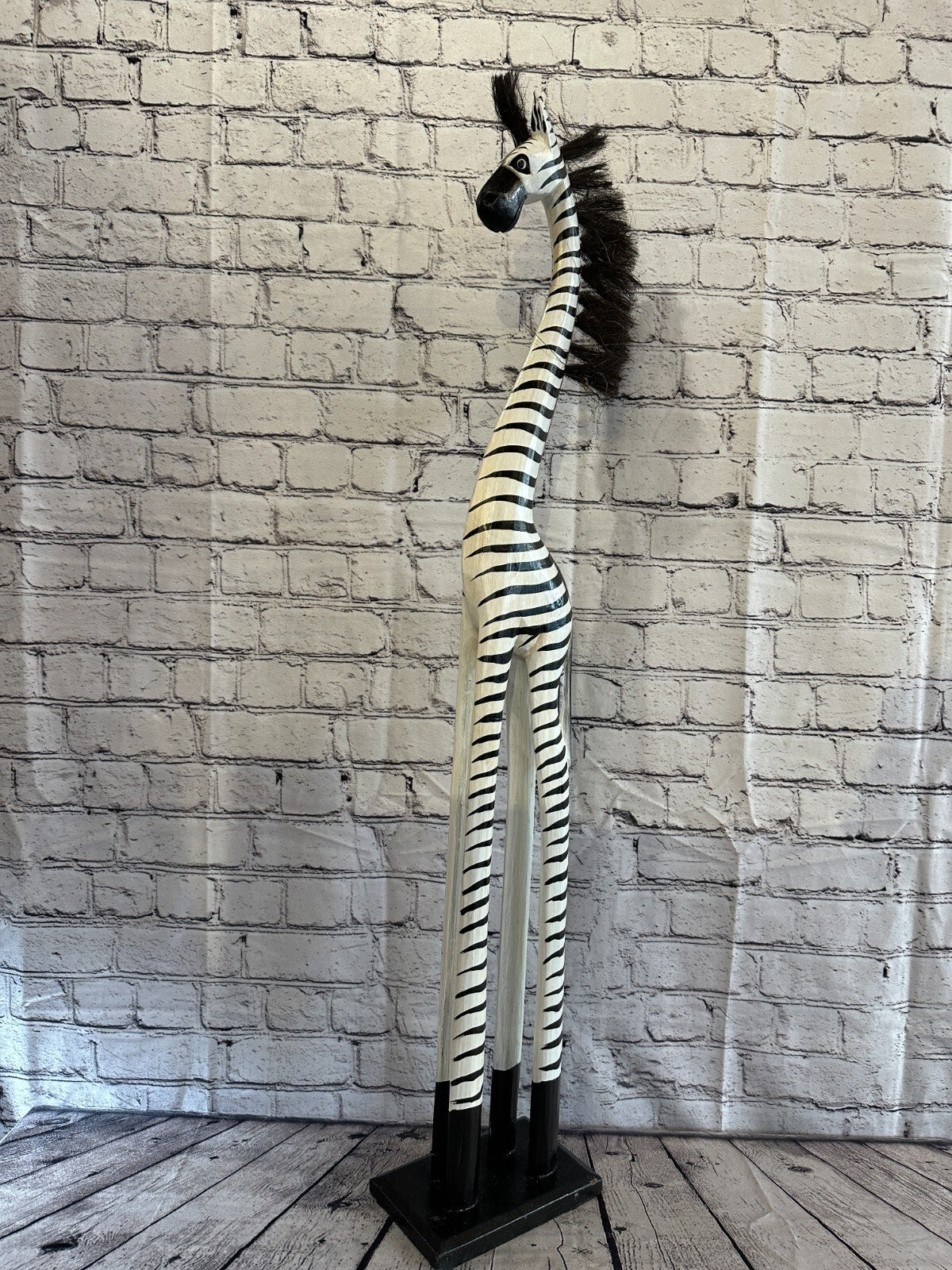 100cm White Black Painted Wood Zebra Tall Statue Wood Modern Hand Carved Painted