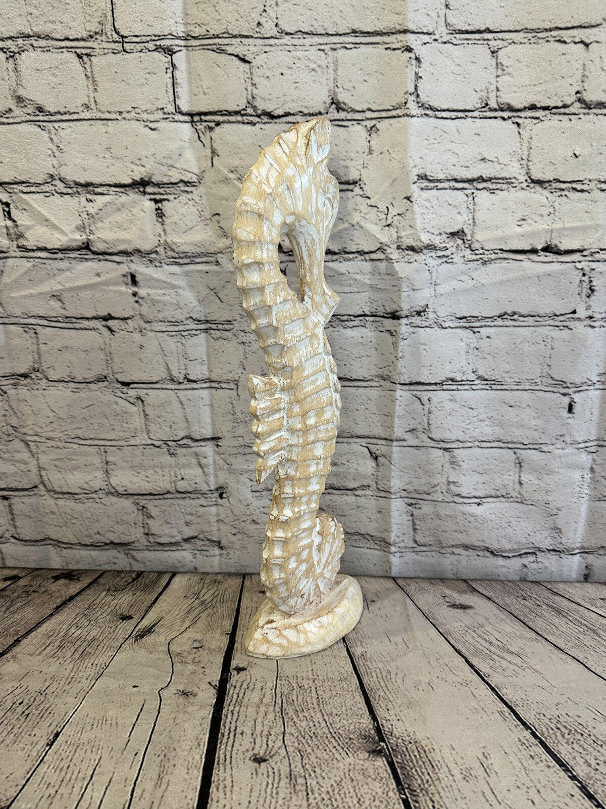 40cm White Plain Wooden Shabby Seahorse Statue Ornament Fair Trade Handcarved