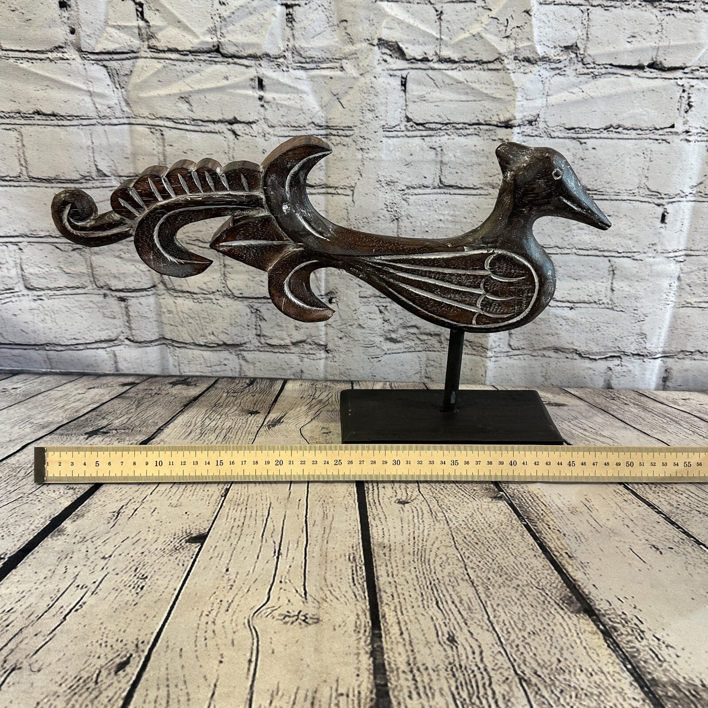 50cm x 30cm Wooden Tribal Primitive Black Phoenix Bird Stand Sculpture Statue