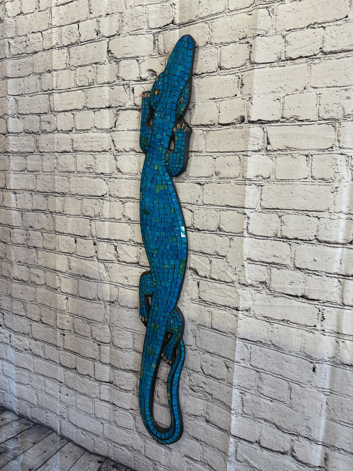 80cm Gecko Turquoise Blue Mosaic Wall Hanging Wooden Ornaments Wood Carving