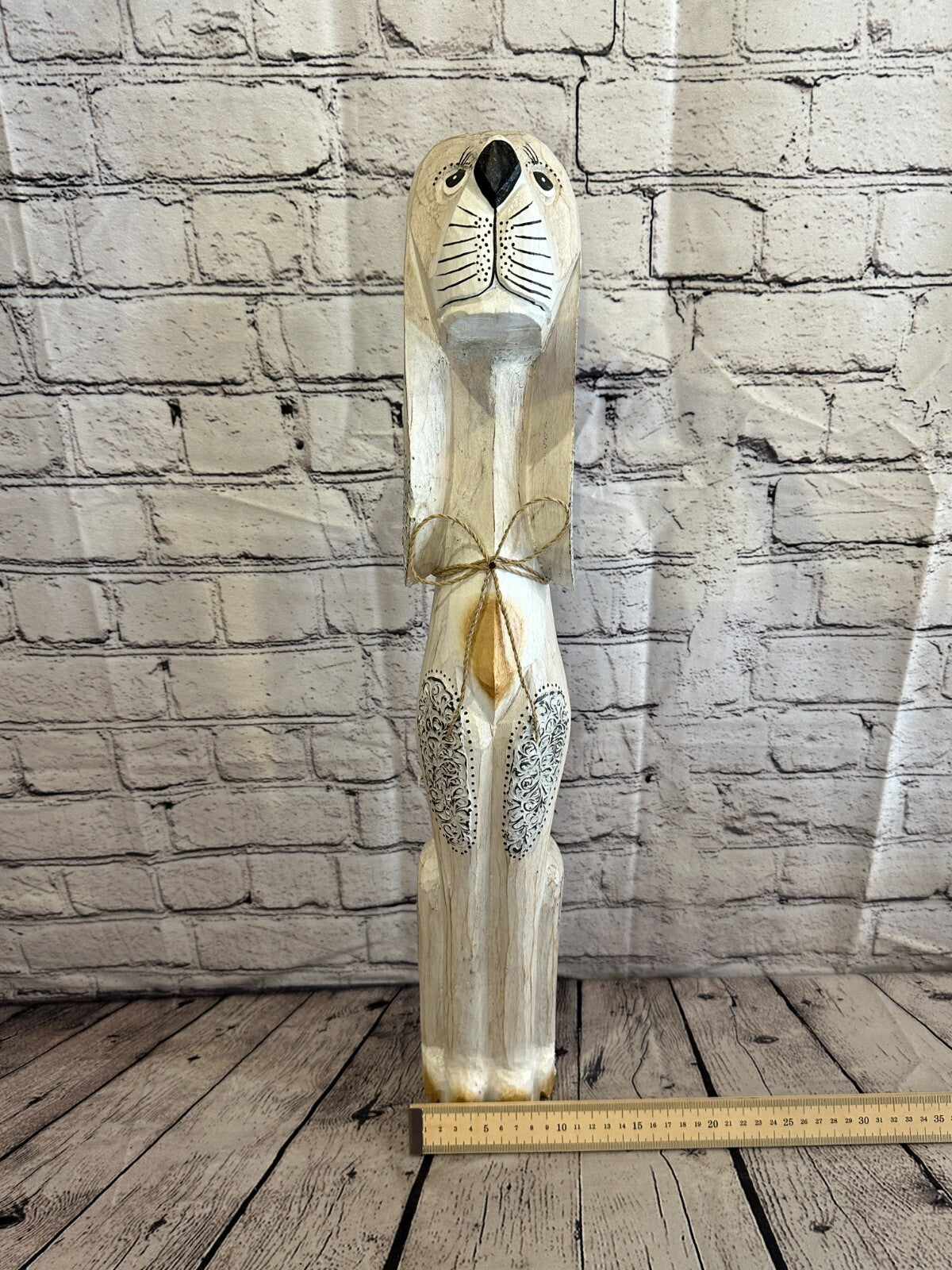 60cm White Flower Wooden Shabby Dog Statue Ornament Fair Trade Handcarved
