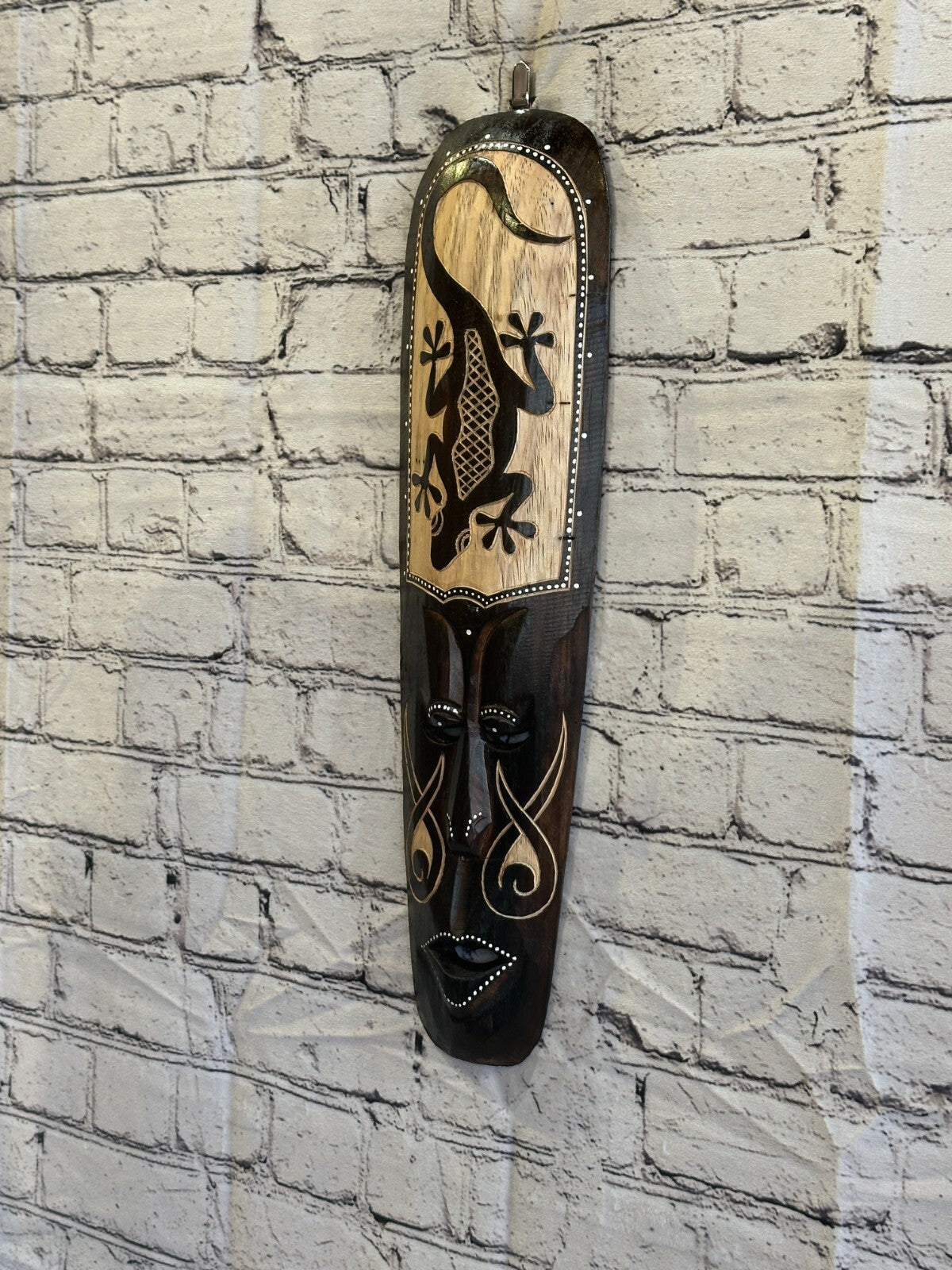 50cm Gecko Mask Carved Wooden Brown Work Painted Ethnic Tribal Tiki Wall Art