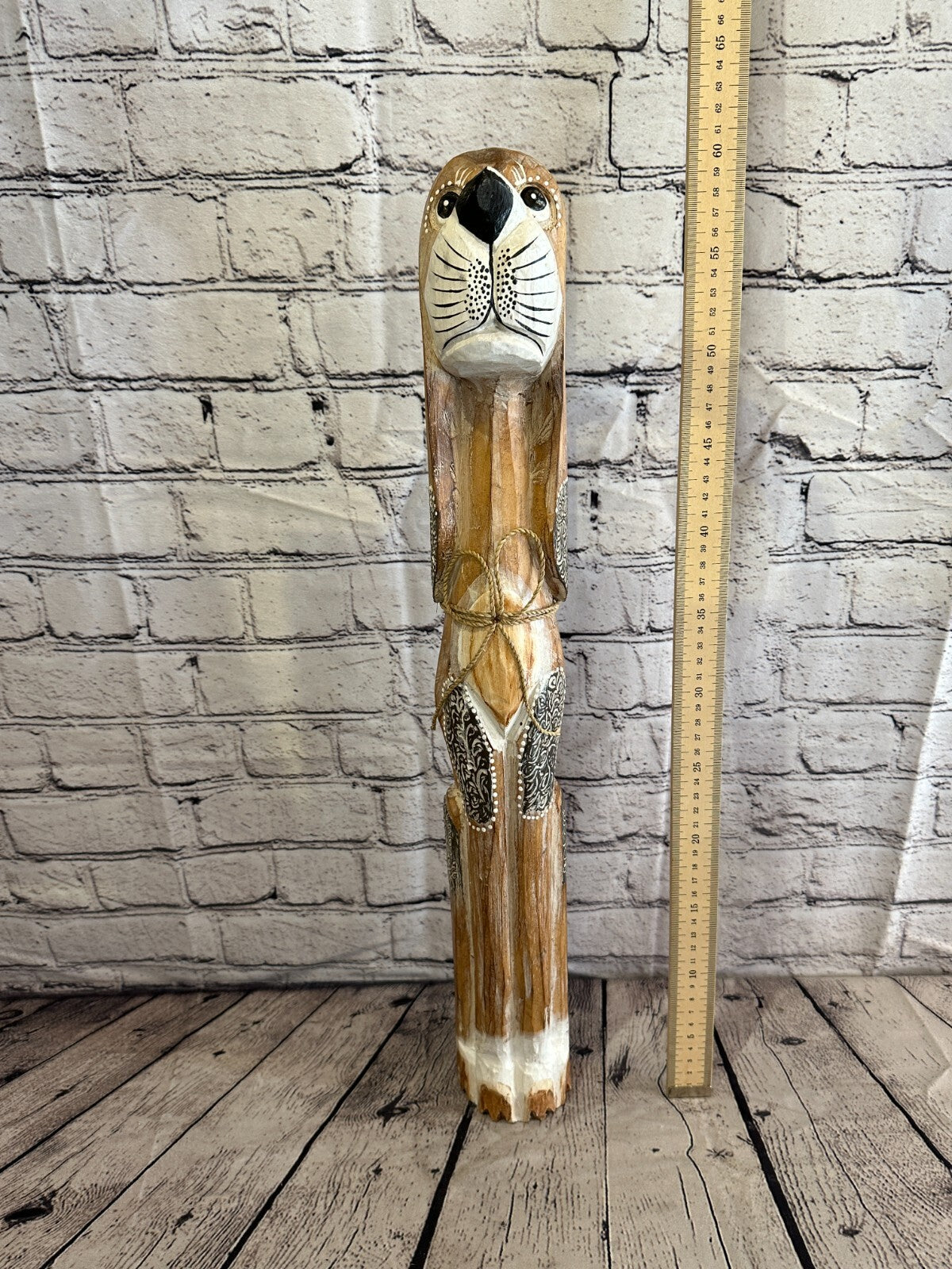 60cm Light Brown Flower Wooden Shabby Dog Statue Ornament Fair Trade Handcarved