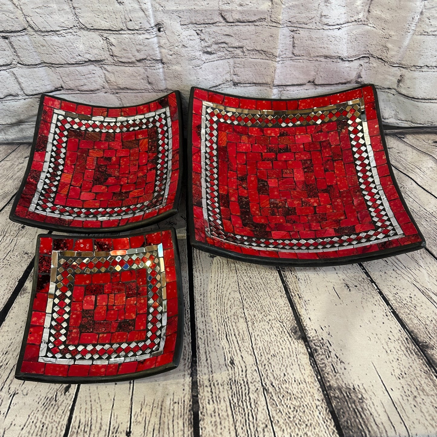 20cm Red Square Mosaic Handmade Ceramic Glass Tile Bowl Fruit