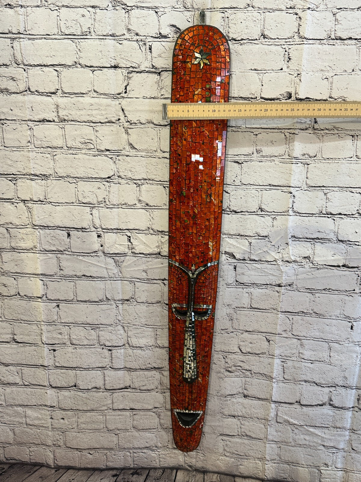 80cm Orange Mosaic Mirror Mask Carved Painted Ethnic Tribal Wall Art Handmade