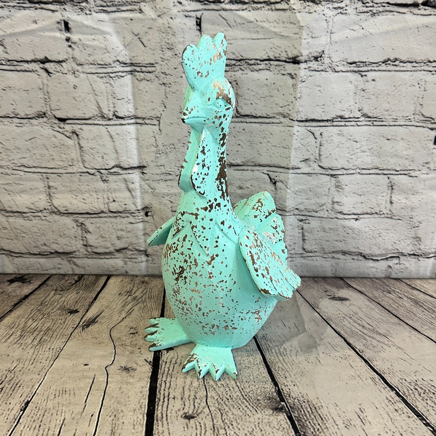 30cm x 15cm Green Shabby Wooden Rooster Cockerel Retro Collectable Hand Carved