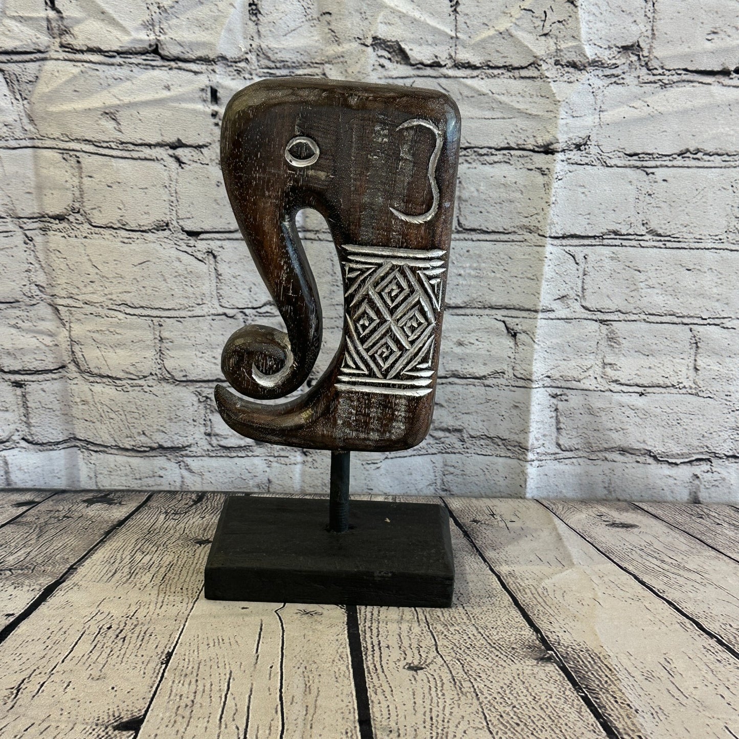32cm x 16cm Wooden Tribal Primitive Black Elephant Head Stand Sculpture Statue