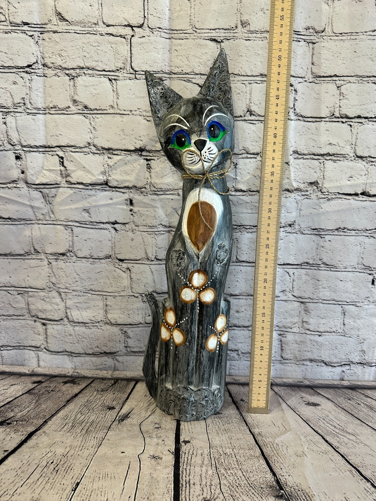 50cm Grey Swirl Flower Wooden Shabby Cat Statue Ornament Fair Trade Handcarved