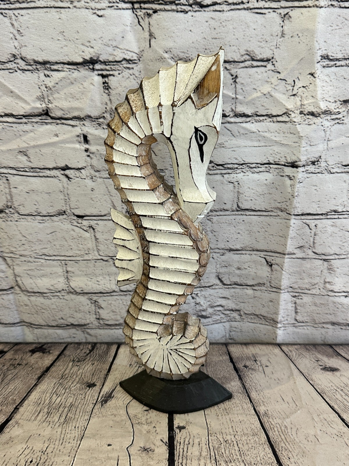 40cm White Brown Wooden Shabby Seahorse Statue Ornament Fair Trade Handcarved