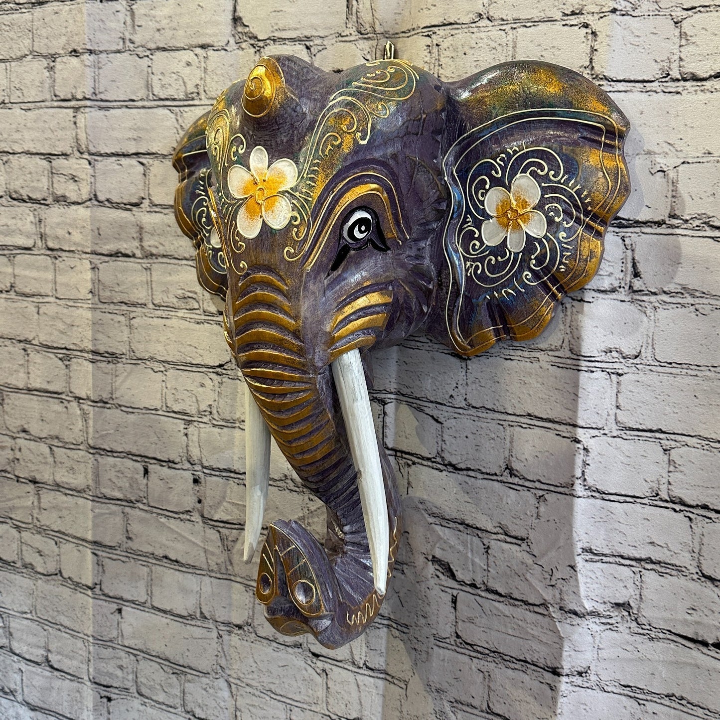 50cm x 45cm Purple Flower Painted Wood Elephant Head Wall Mounted Art Shabby