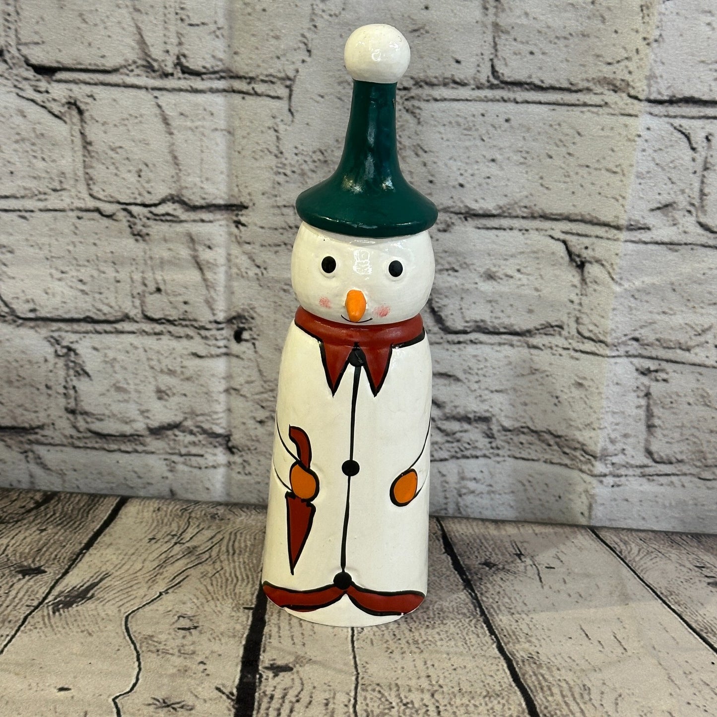 24cm x 6cm Green Pointy Hat Snowman Handcrafted Wood Xmas Christmas Ornament