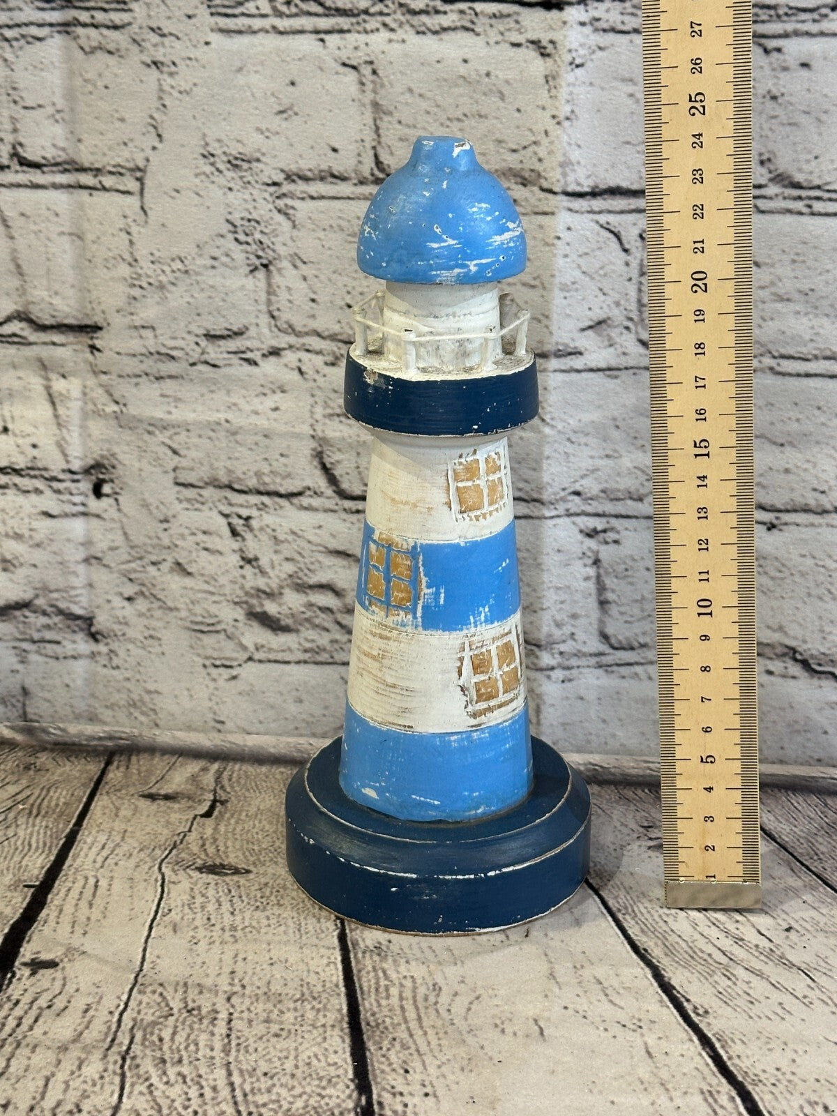 25cm Blue White Wooden Lighthouse Ornament Nautical Coastal Sculpture Statue