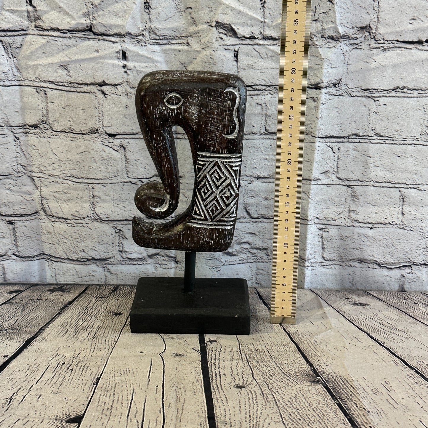 30cm x 14cm Wooden Tribal Primitive Black Elephant Head Stand Sculpture Statue